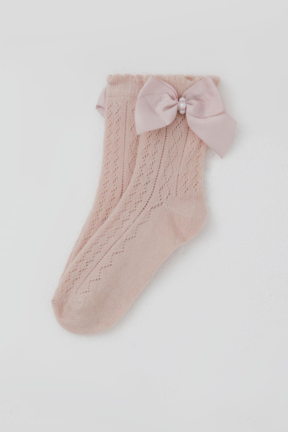 Katamino Kız Çocuk File Soket Çorap Fiyonk Aksesuarlı İncili Gülkurusu (5-8 Yaş)