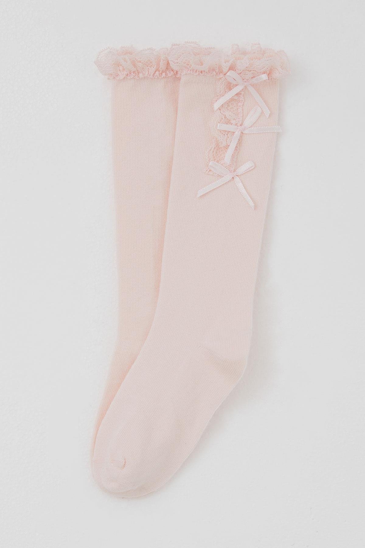 Katamino Kız Çocuk Golf Çorap Fiyonk Aksesuarlı Dantelli Pembe (1-8 Yaş)