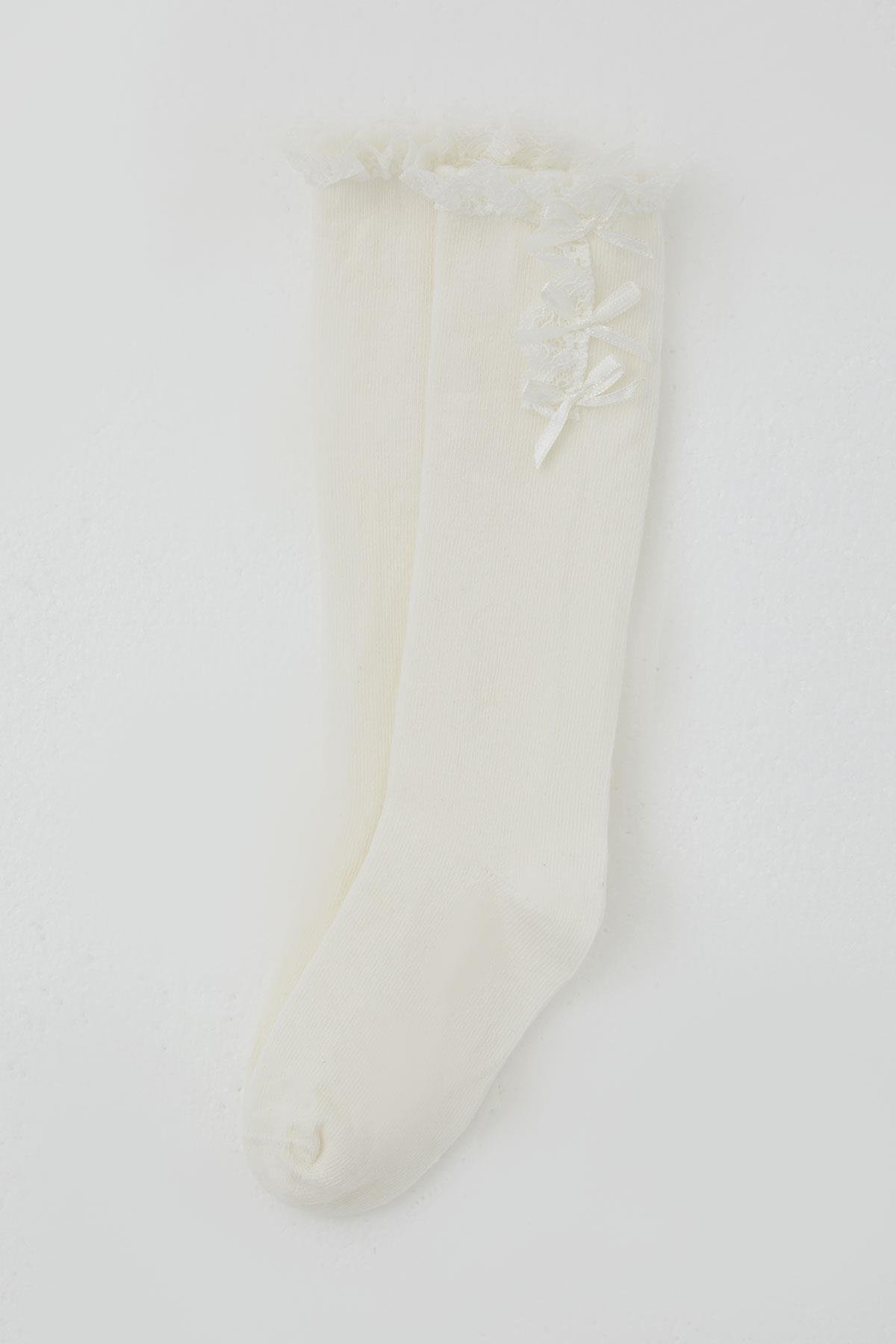 Katamino Kız Çocuk Golf Çorap Fiyonk Aksesuarlı Dantelli Krem (1-8 Yaş)