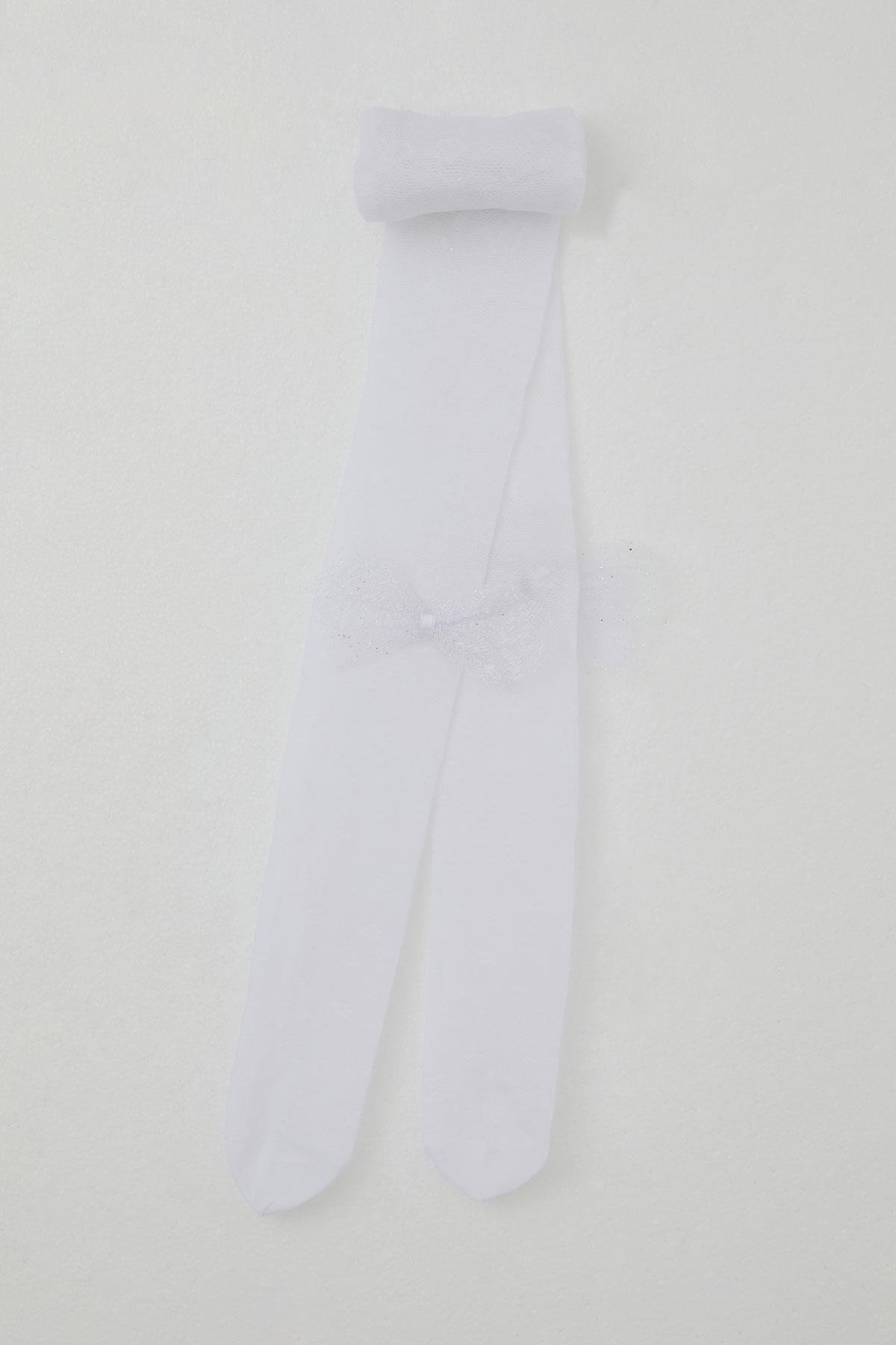 Katamino Kız Çocuk İnce Külotlu Çorap Çiçek Desenli Tül Fiyonk Aksesuarlı Beyaz (1-12 Yaş)