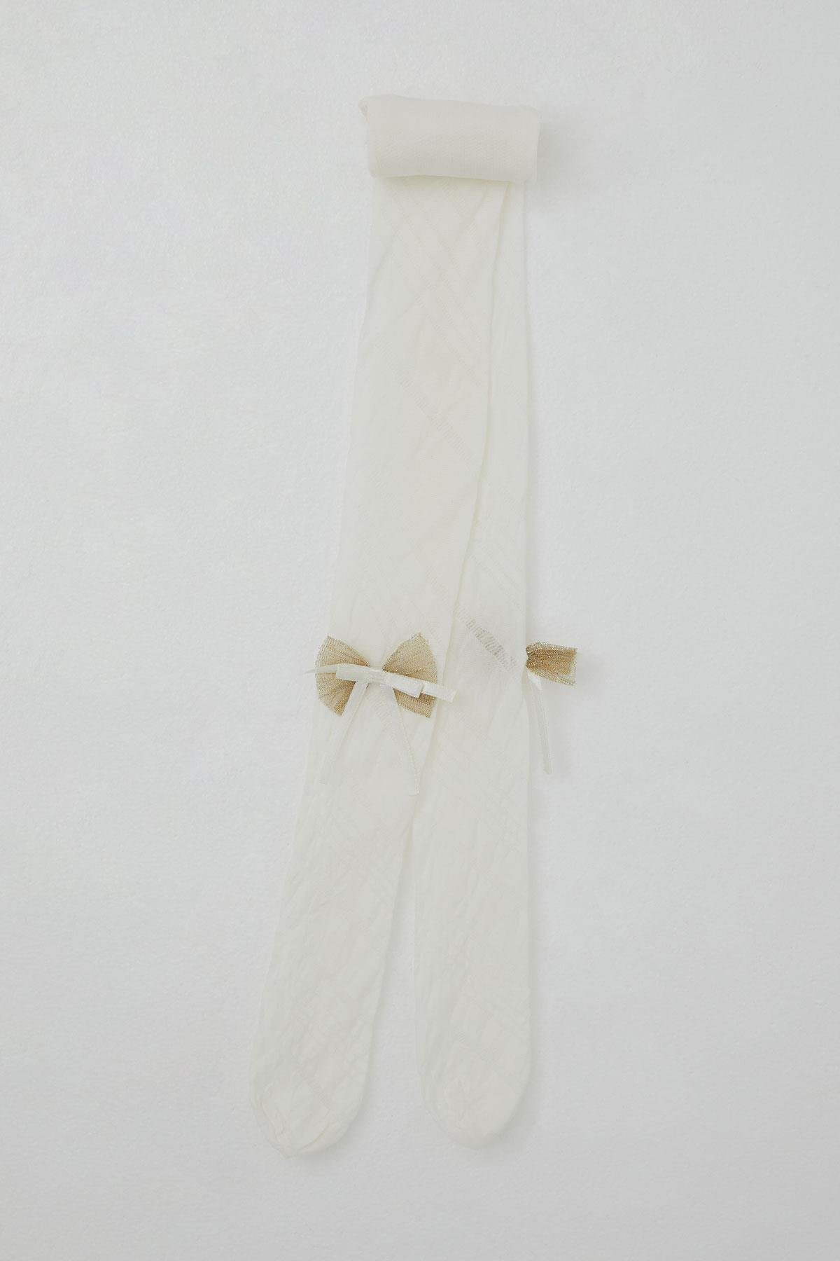 Katamino Kız Çocuk Külotlu Çorap İnce Fiyonk Aksesuarlı Ekru (3-12 Yaş)