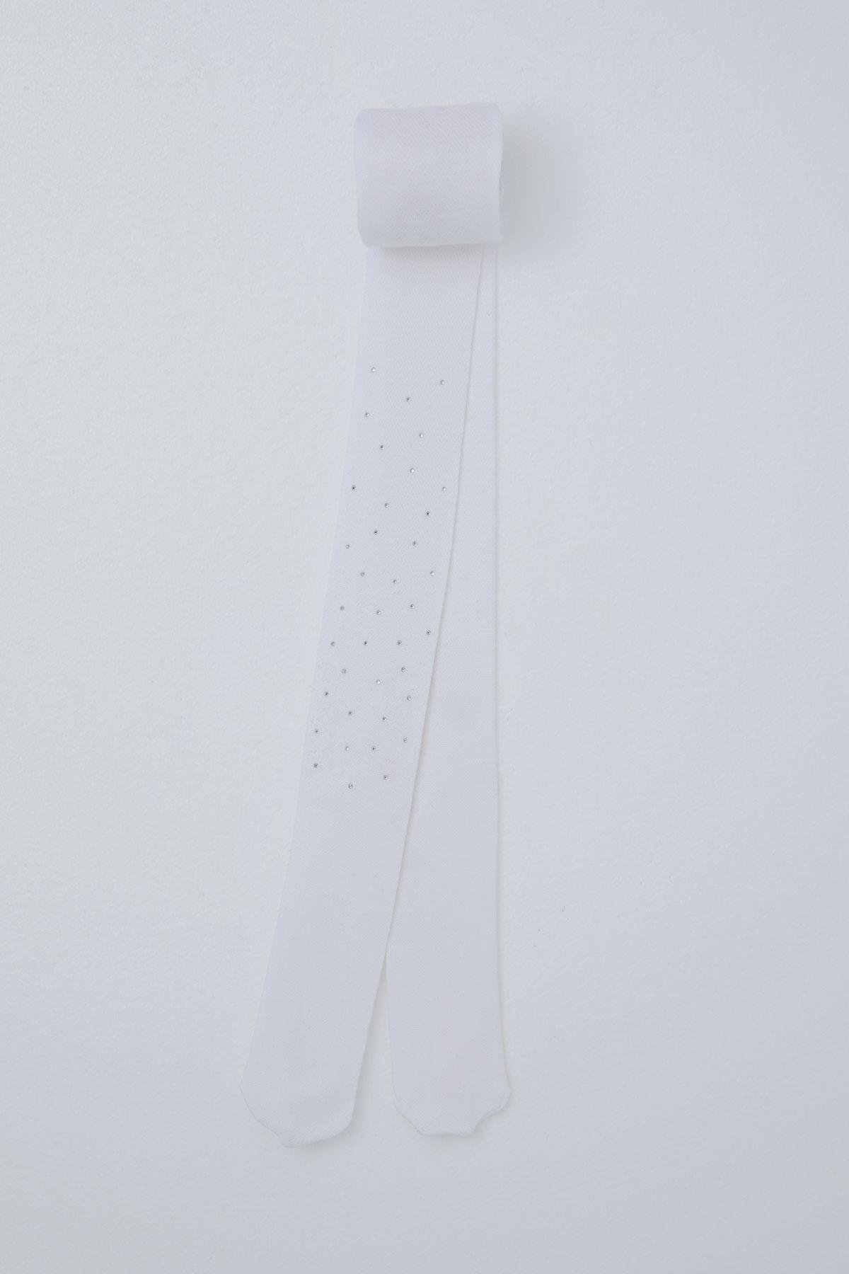 Katamino Kız Çocuk Külotlu Çorap Taş Aksesuarlı Dokulu Ekru (7-10 Yaş)