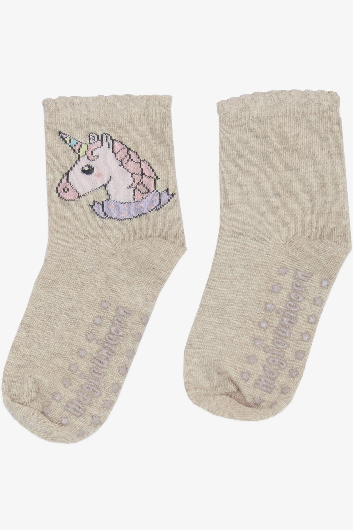 KATAMİNO Kız Çocuk Soket Çorap Unicorn Baskılı Abs li Bej Melanj (3-6 Yaş)