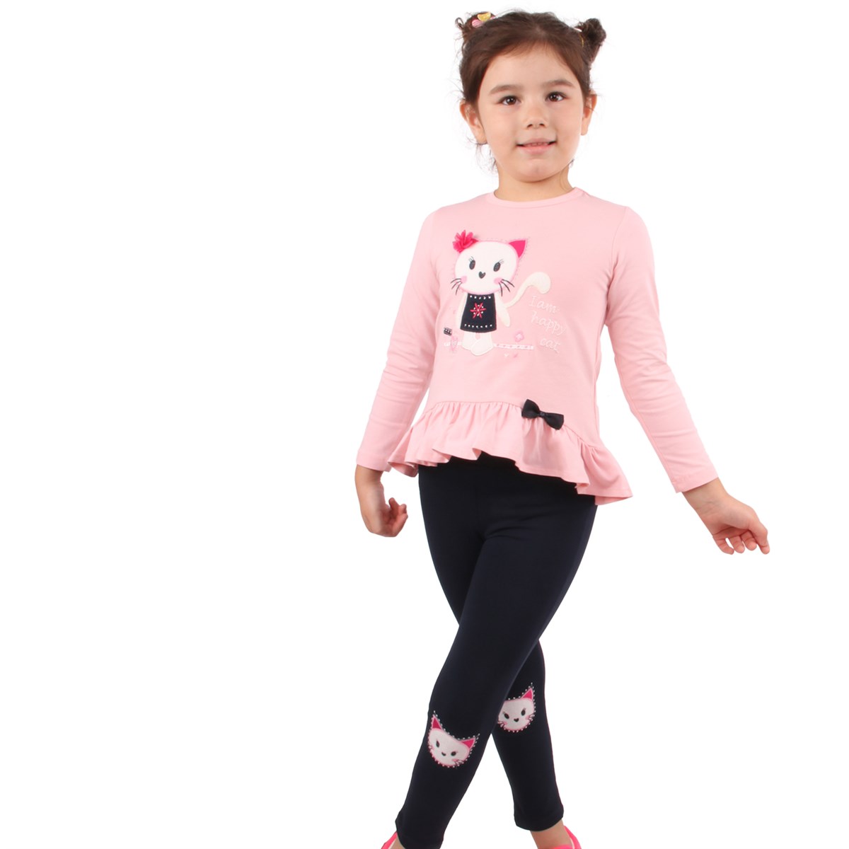 Kız Bebek Taytlı Takım Kedi Aplikeli Pembe-Lacivert (1.5 Yaş)