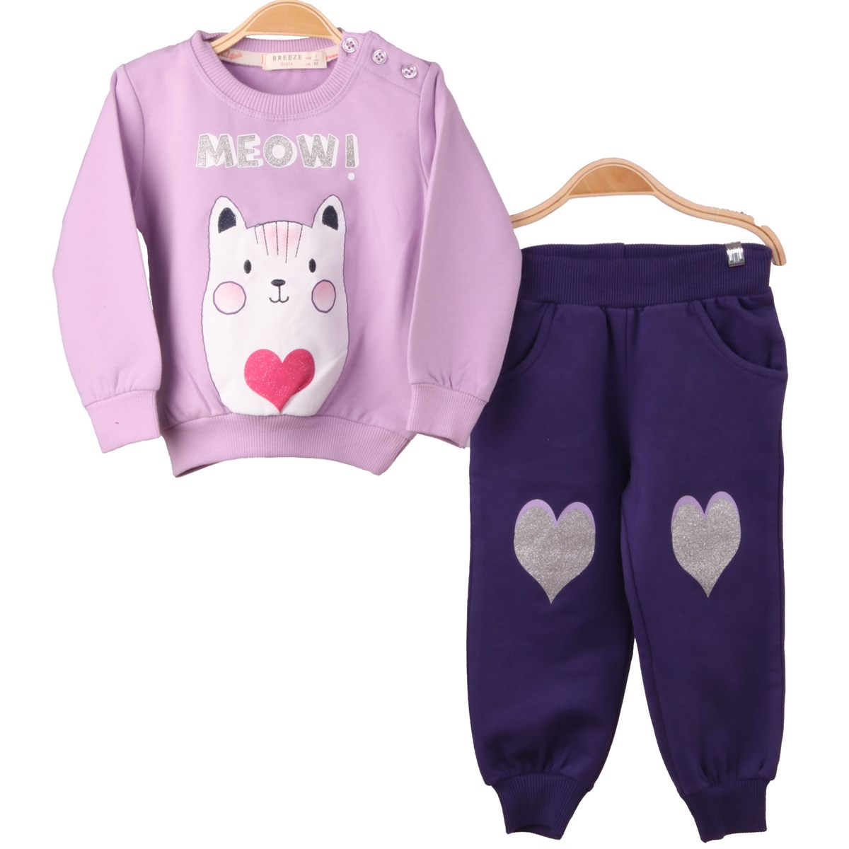 Kız Çocuk Eşofman Takımı Kedili Lila-Mor (1-4 Yaş)