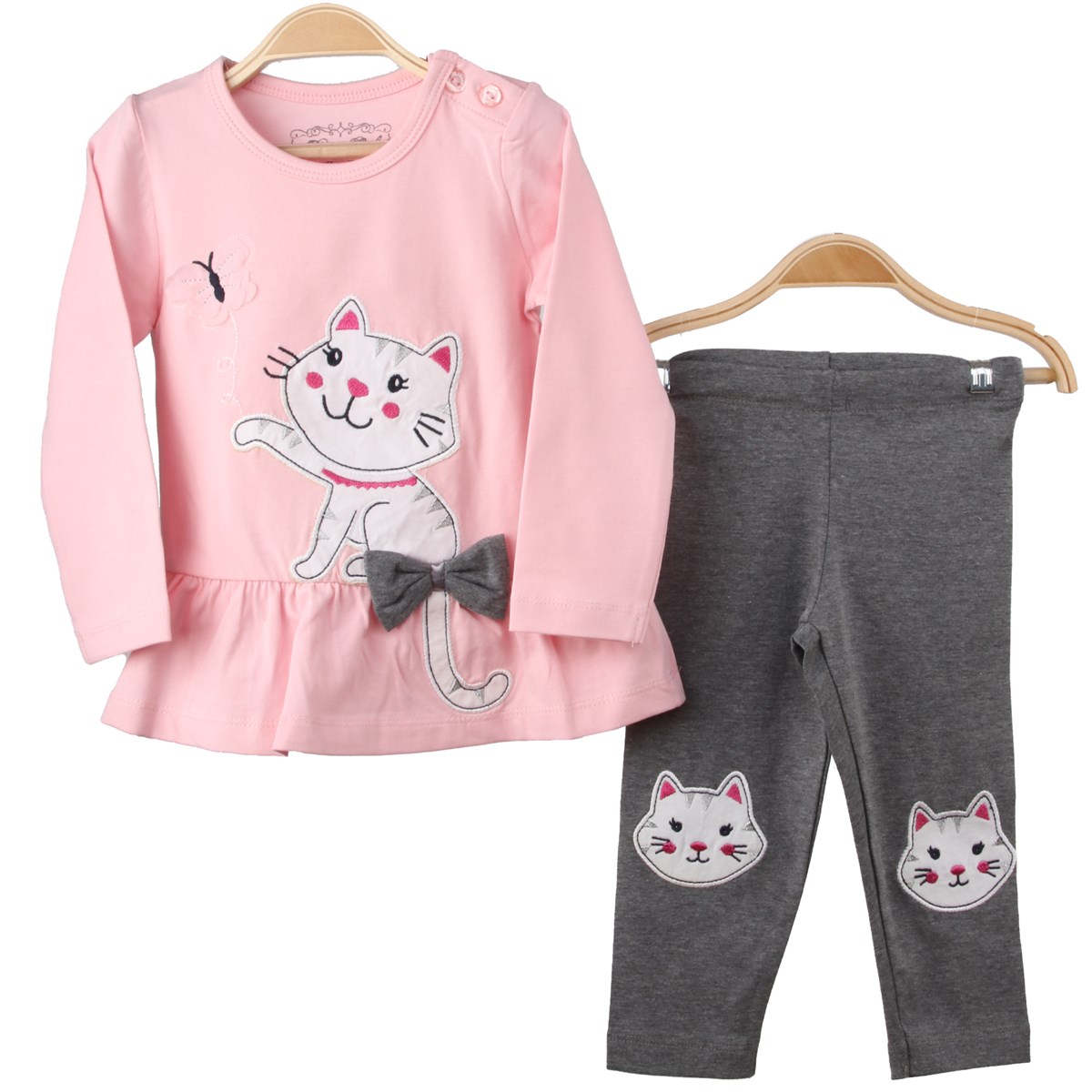 Kız Bebek Taytlı Takım Kedili Pembe (1 Yaş)