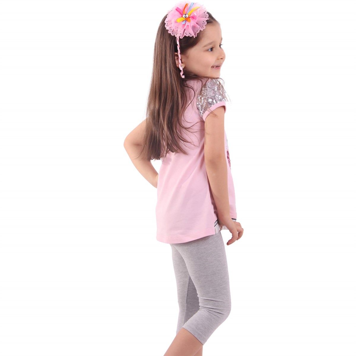 Kız Çocuk Kapri Takım Kedili Pullu Pembe-Gri (5 Yaş)