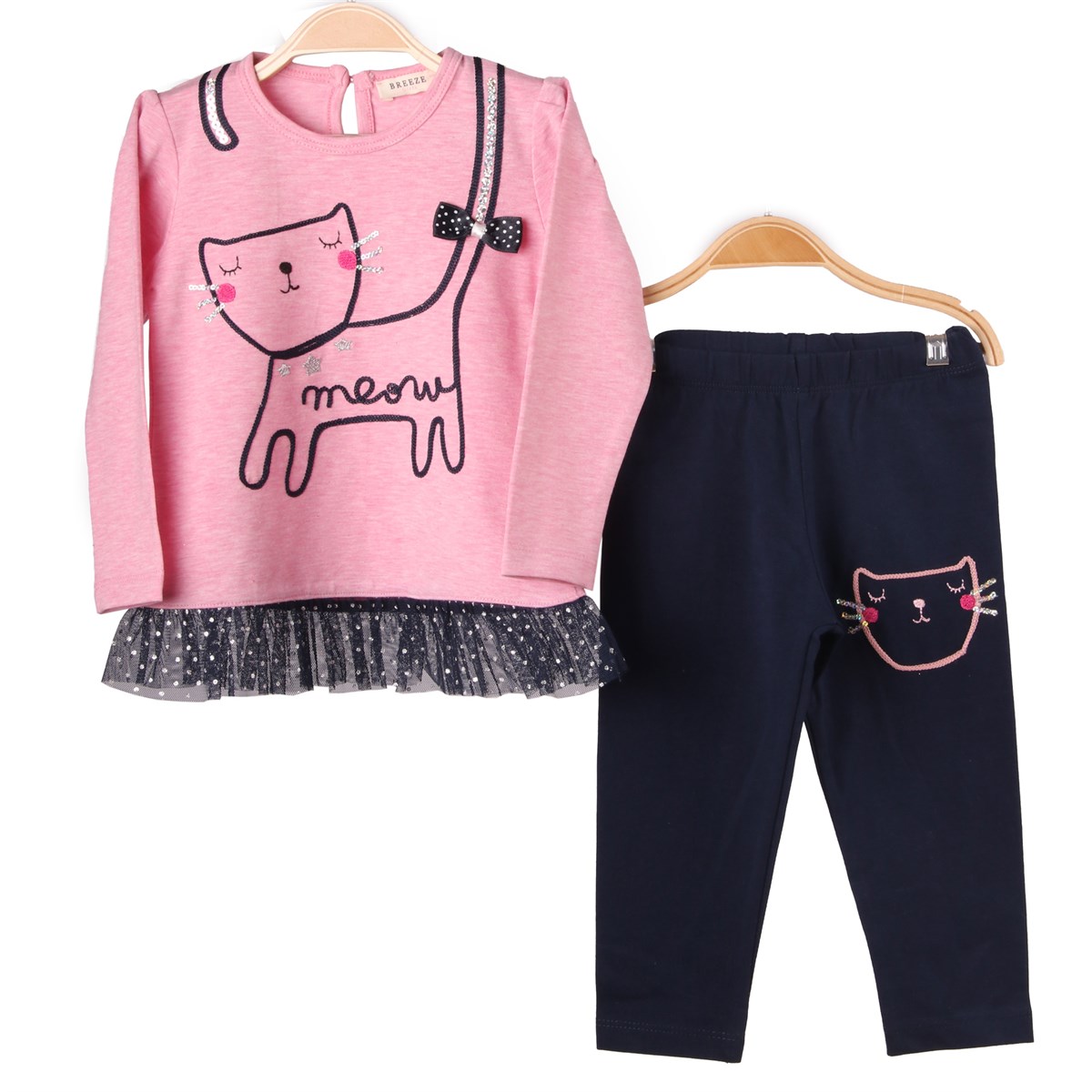 Kız Bebek Taytlı Takım Kedili Pembe-Lacivert (1 Yaş)