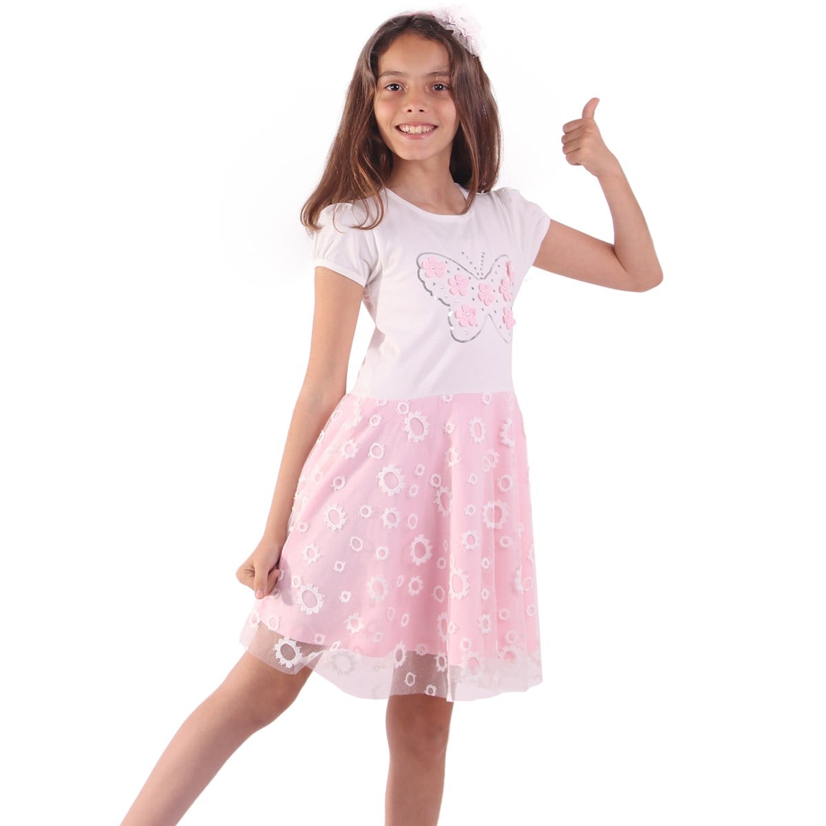 Kız Çocuk Elbise Kelebekli Ekru-Pembe (10 Yaş)