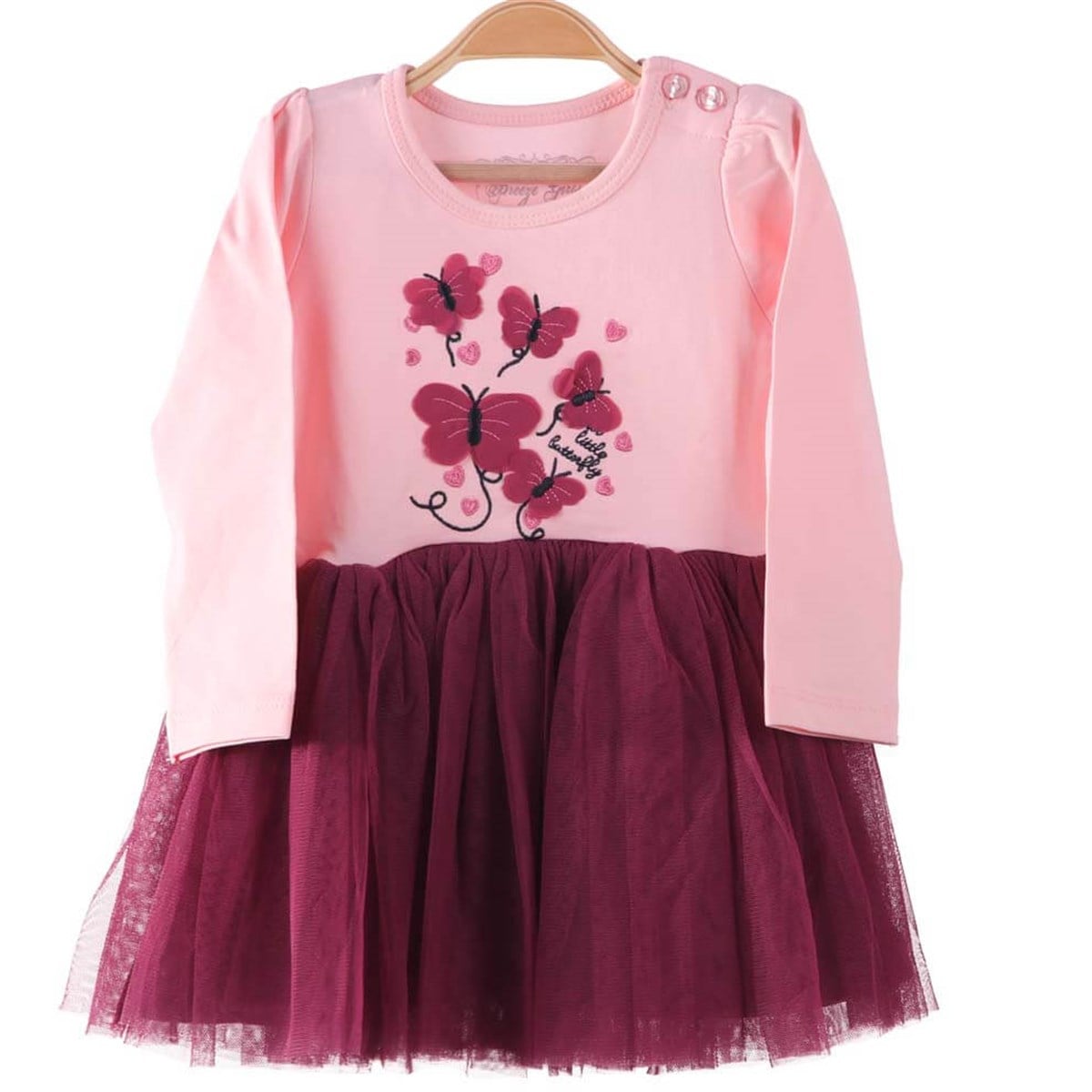 Kız Bebek Elbise Kelebekli Tüllü Pembe-Mürdüm (1-2 Yaş)