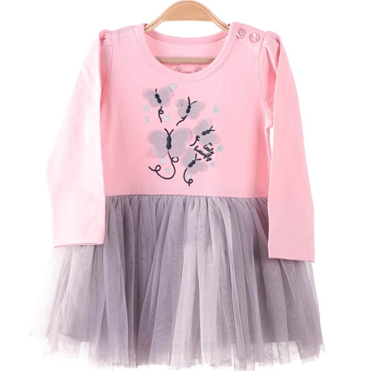 Kız Bebek Elbise Kelebekli Tüllü Pembe-Gri (1 Yaş)