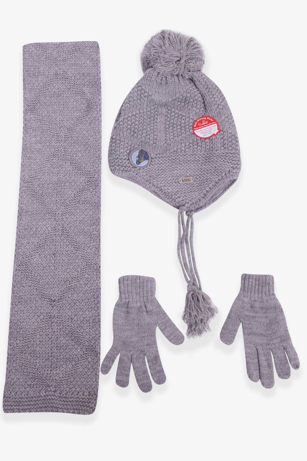 Kitti Erkek Çocuk Atkı Bere Takımı 3 lü Set Gri (4-8 Yaş)