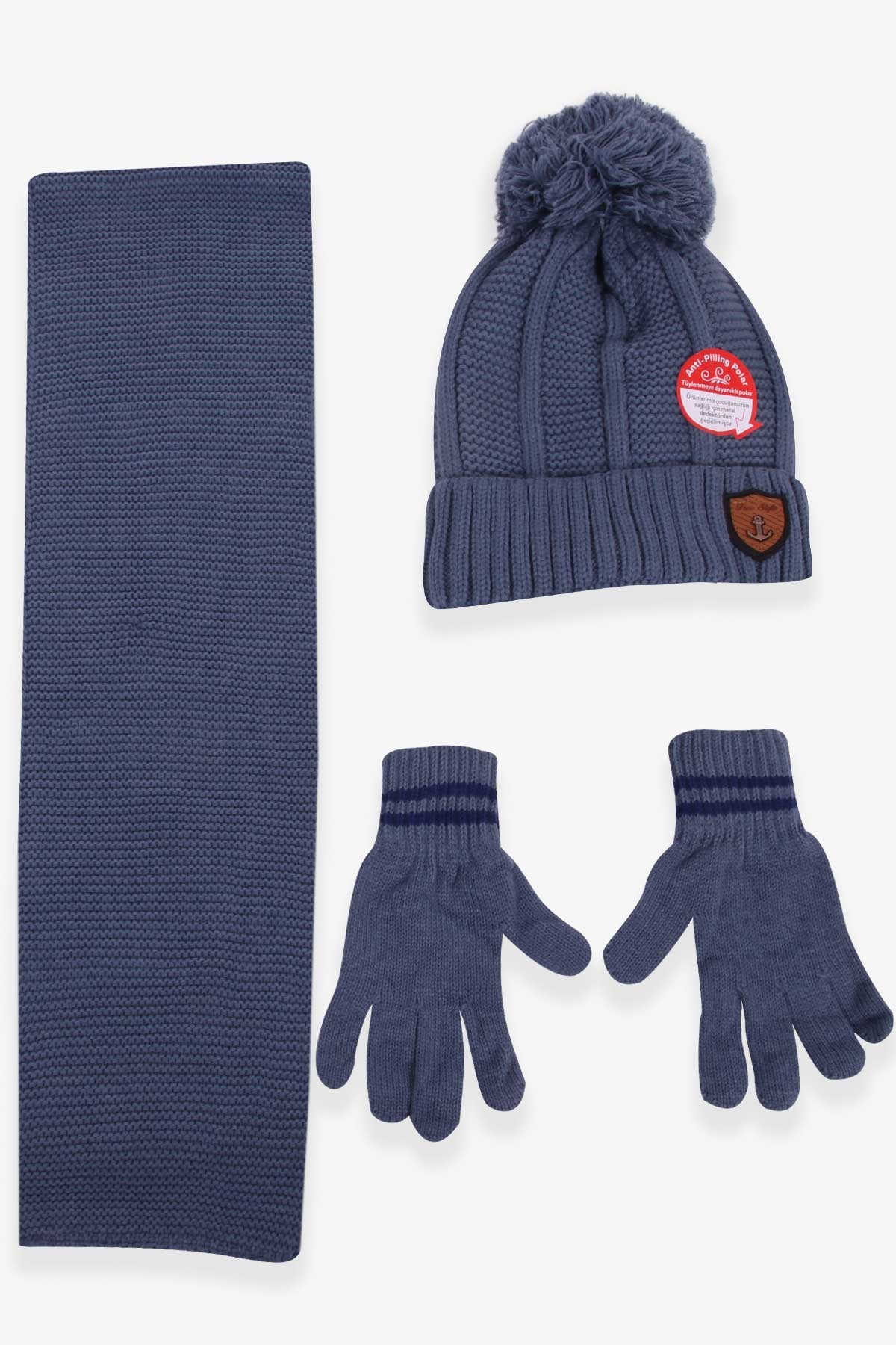 Kitti Erkek Çocuk Atkı Bere Takımı 3 lü Set İndigo (9-15 Yaş)
