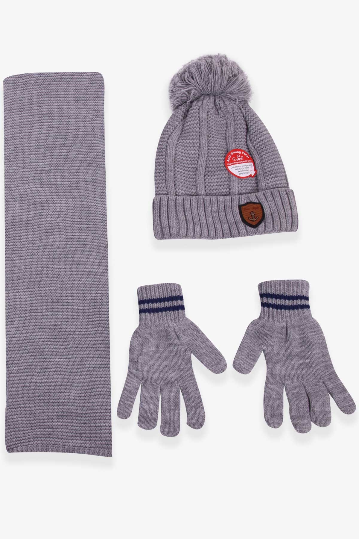 Kitti Erkek Çocuk Atkı Bere Takımı 3 lü Set Gri (9-15 Yaş)
