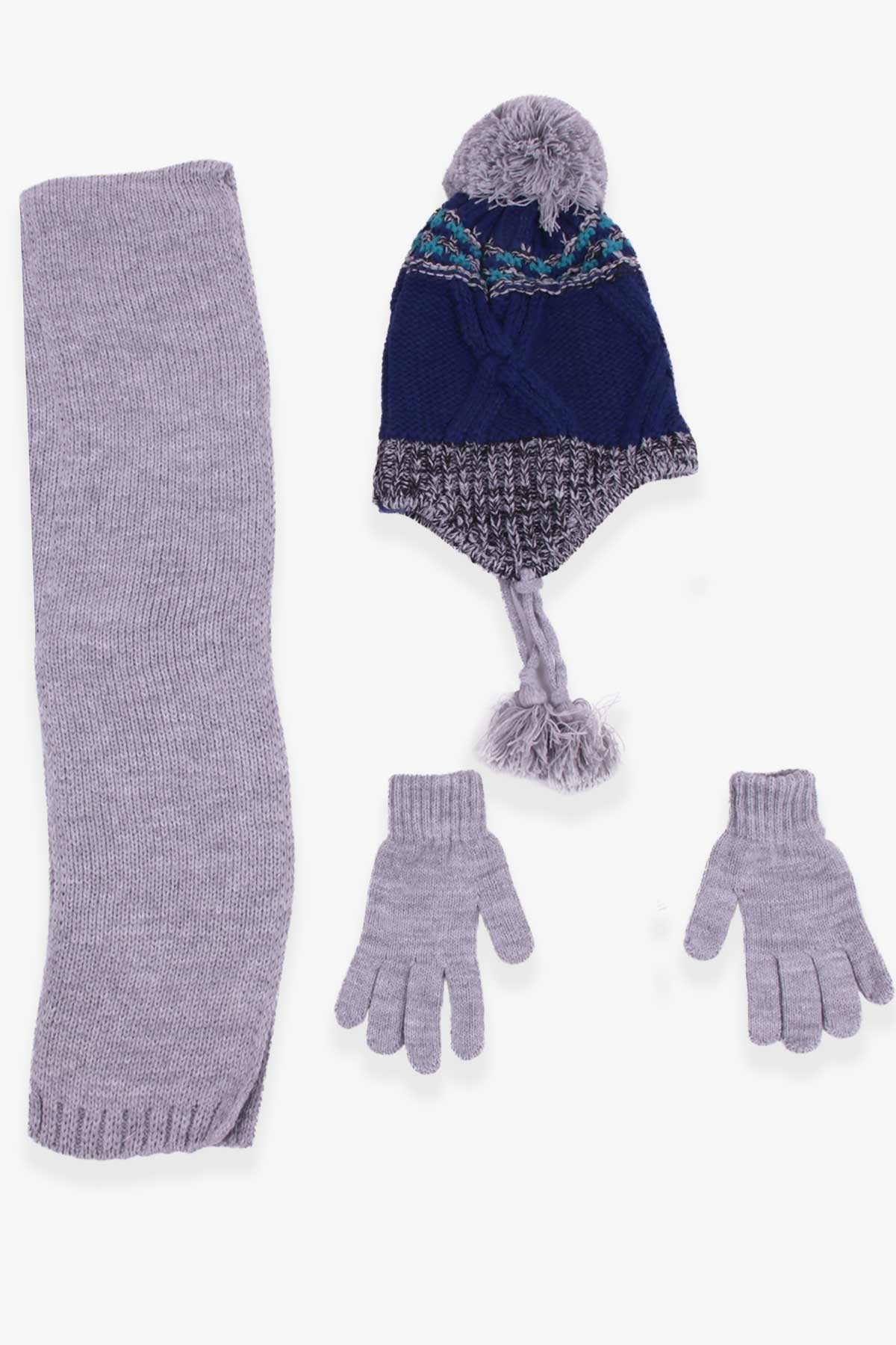Kitti Erkek Çocuk Atkı Bere Takımı 3 lü Set Gri (4-8 Yaş)