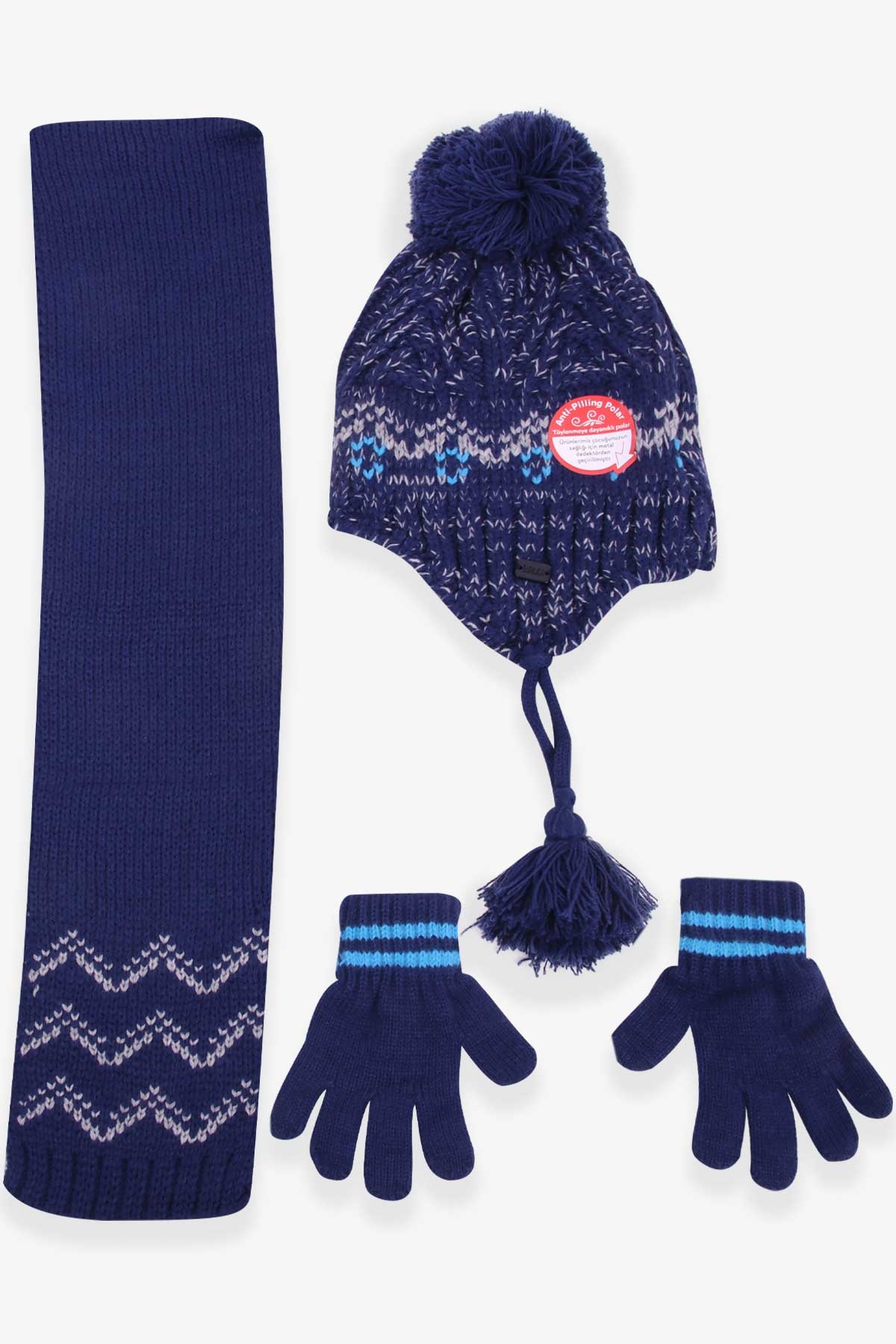 Kitti Erkek Çocuk Atkı Bere Takımı 3 lü Set Koyu Mavi (1-4 Yaş)