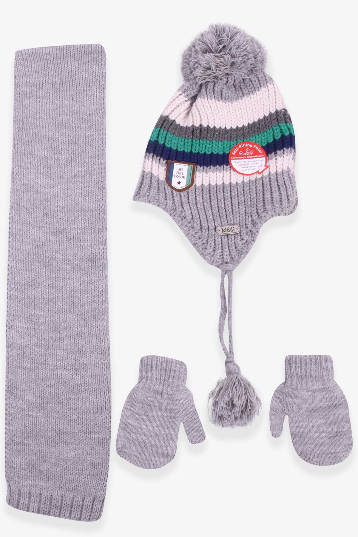Kitti Erkek Çocuk Atkı Bere Takımı 3 lü Set Gri (1-4 Yaş)