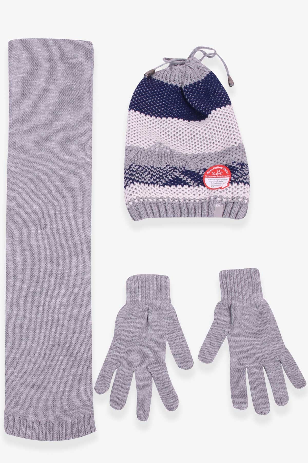 Kitti Erkek Çocuk Atkı Bere Takımı 3 lü Set Gri (9-15 Yaş)