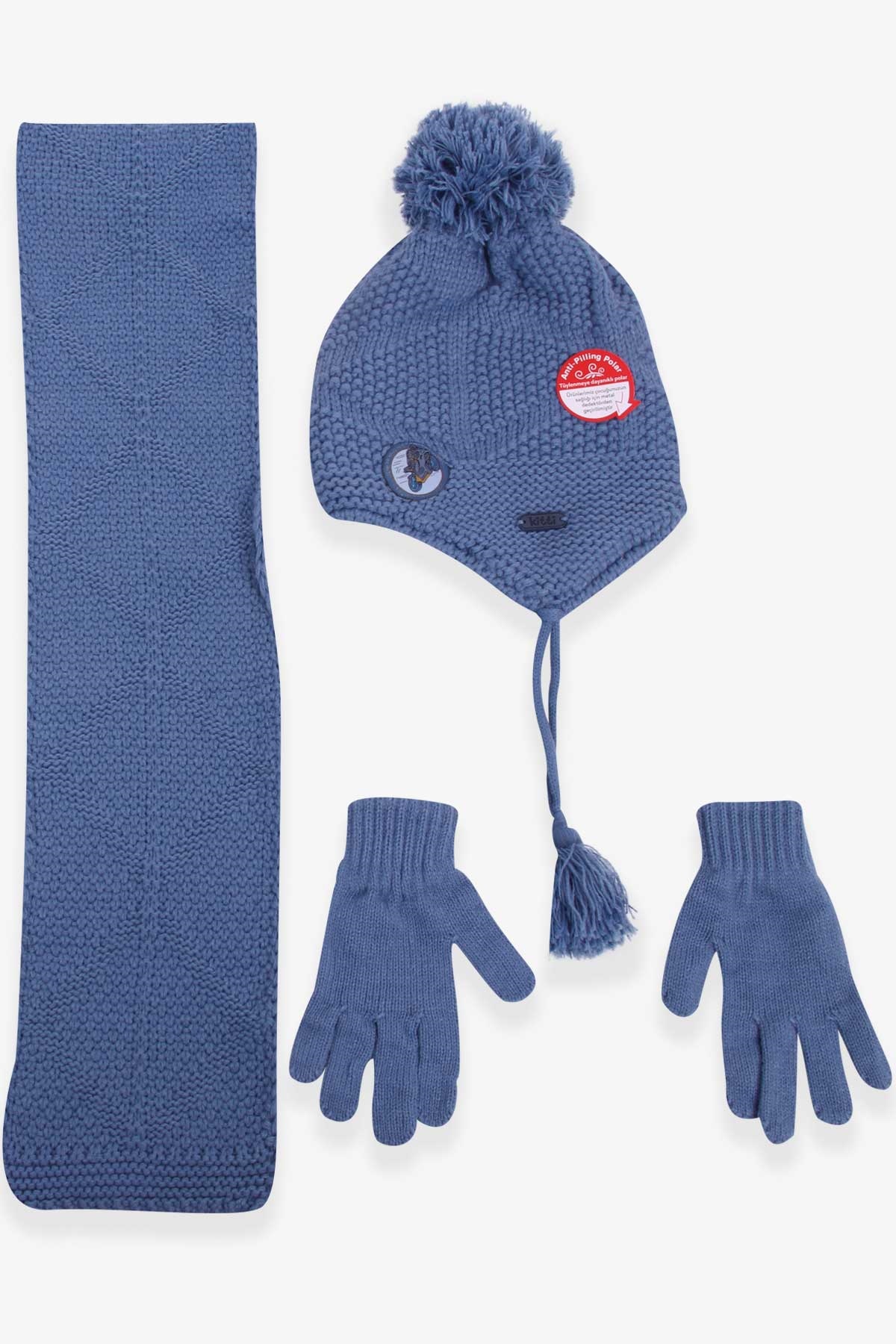 Kitti Erkek Çocuk Atkı Bere Takımı 3 lü Set İndigo (4-8 Yaş)