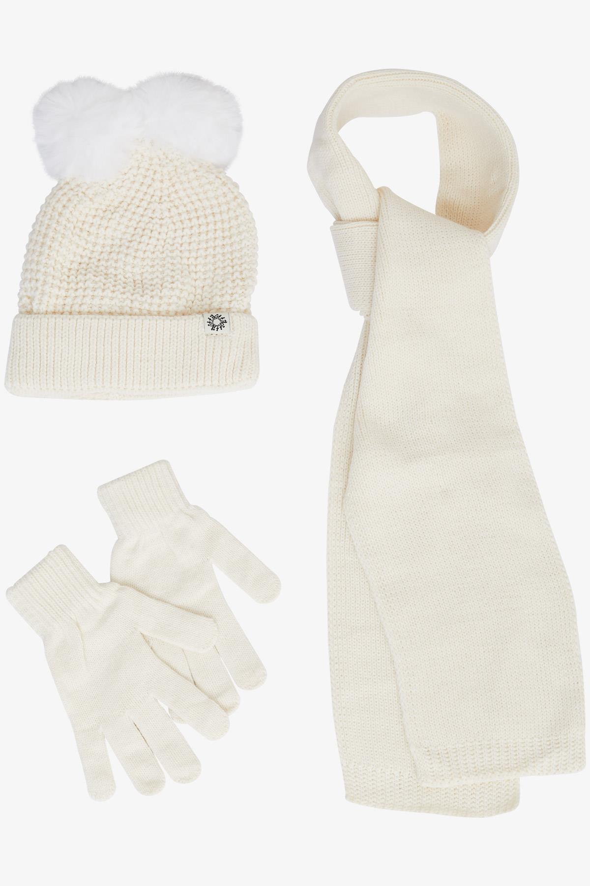 Kitti Kız Çocuk Atkı Bere Takımı 3 lü Set Armalı Çift Ponponlu Ekru (9-15 Yaş)