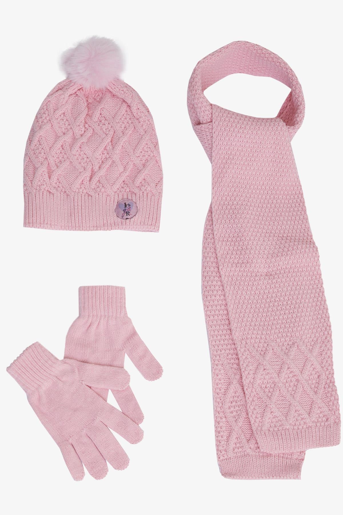 Kitti Kız Çocuk Atkı Bere Takımı 3 lü Set Kalp Armalı Ponponlu Pembe (15 Yaş)