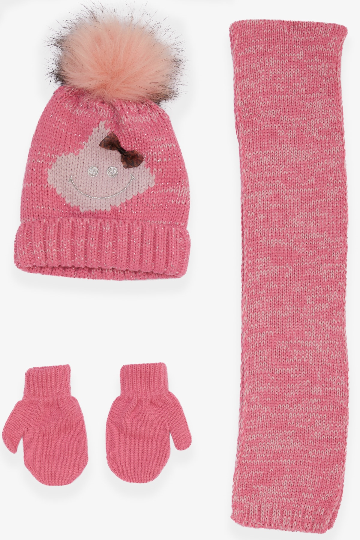 Kitti Kız Çocuk Atkı Bere Takımı 3 lü Set Pembe (1-4 Yaş)