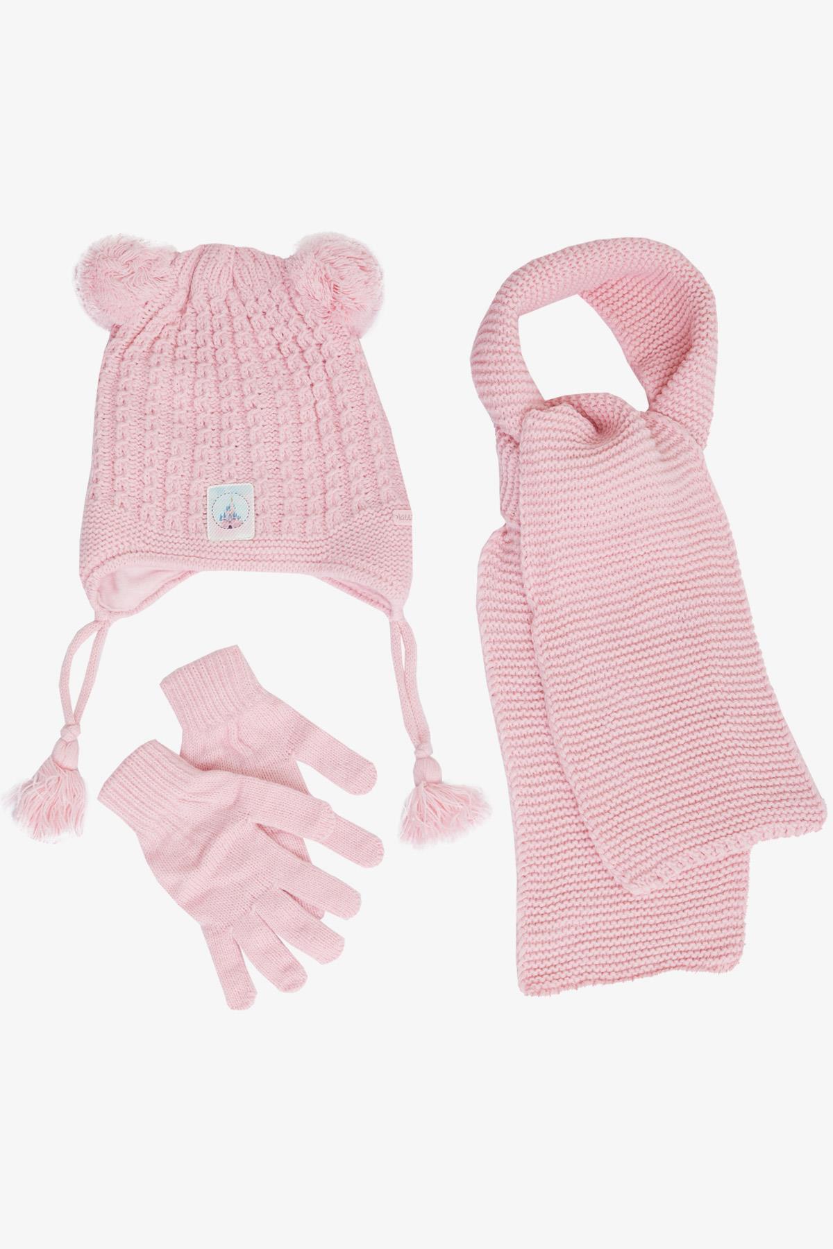 KİTTİ Kız Çocuk Atkı Bere Takımı 3 lü Set Örgülü Ponponlu Şato Armalı Pembe (4-8 Yaş)