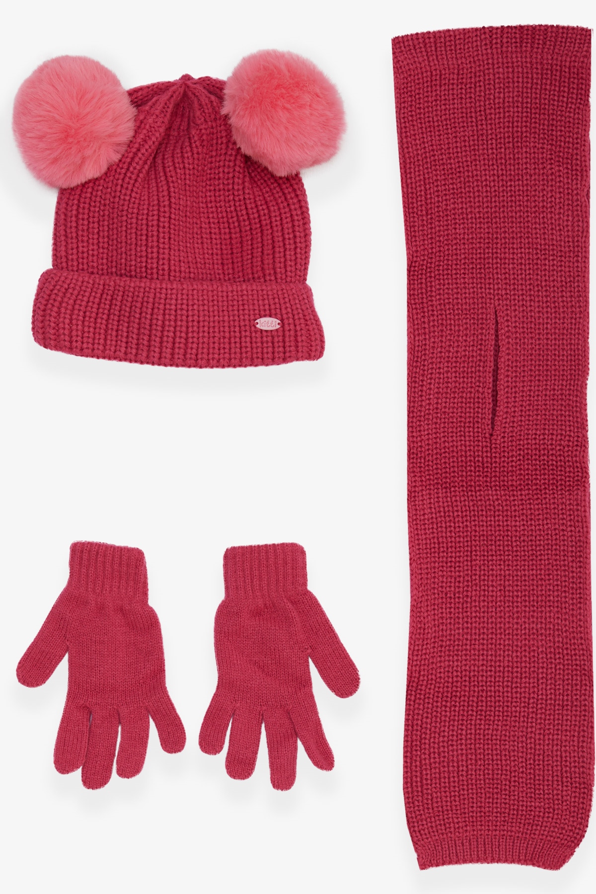 Kitti Kız Çocuk Atkı Bere Takımı 3 lü Set Çift Ponponlu Pembe (4-8 Yaş)