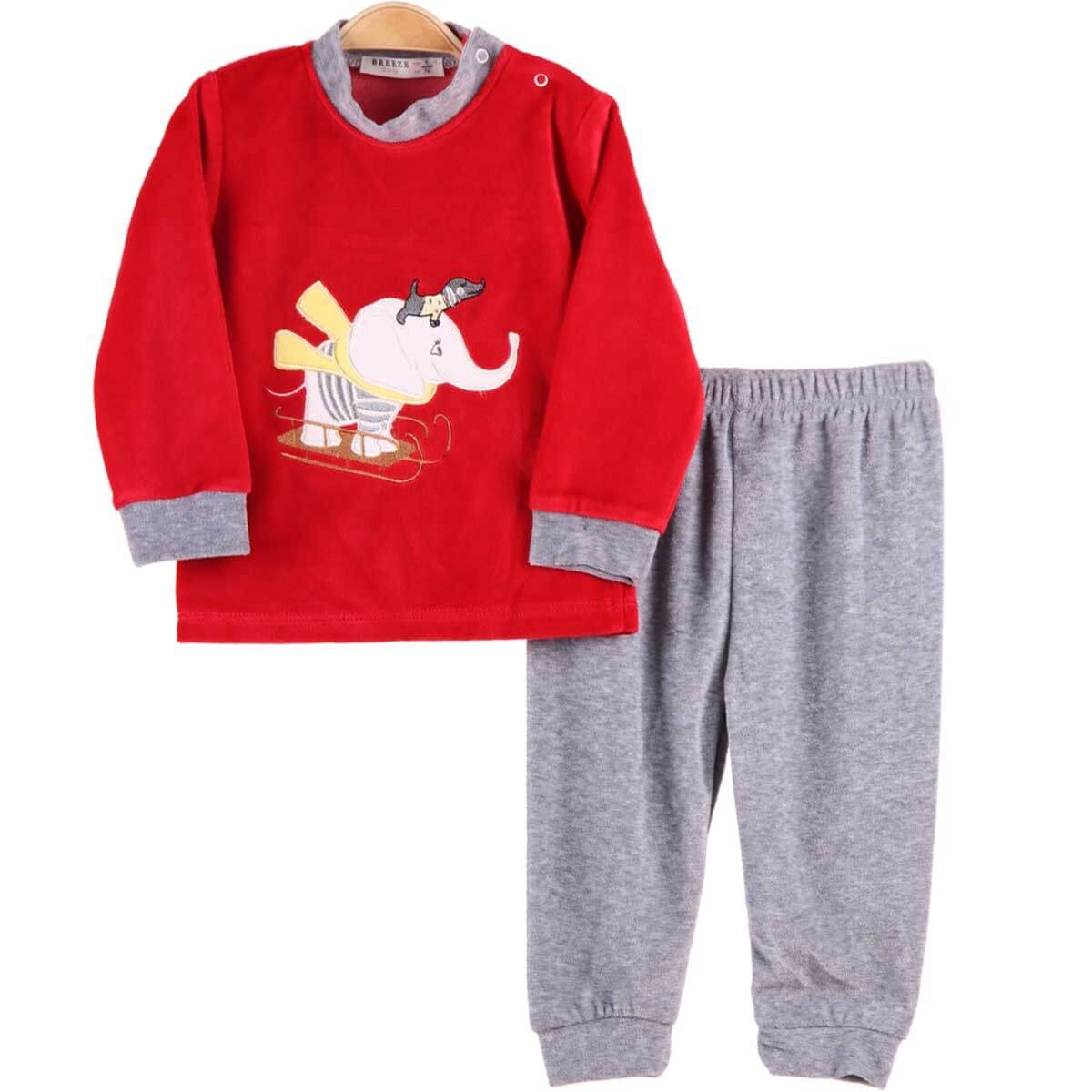 Erkek Bebek Kadife Pijama Takımı Fil Nakışlı Unisex Kırmızı 3-9 Ay