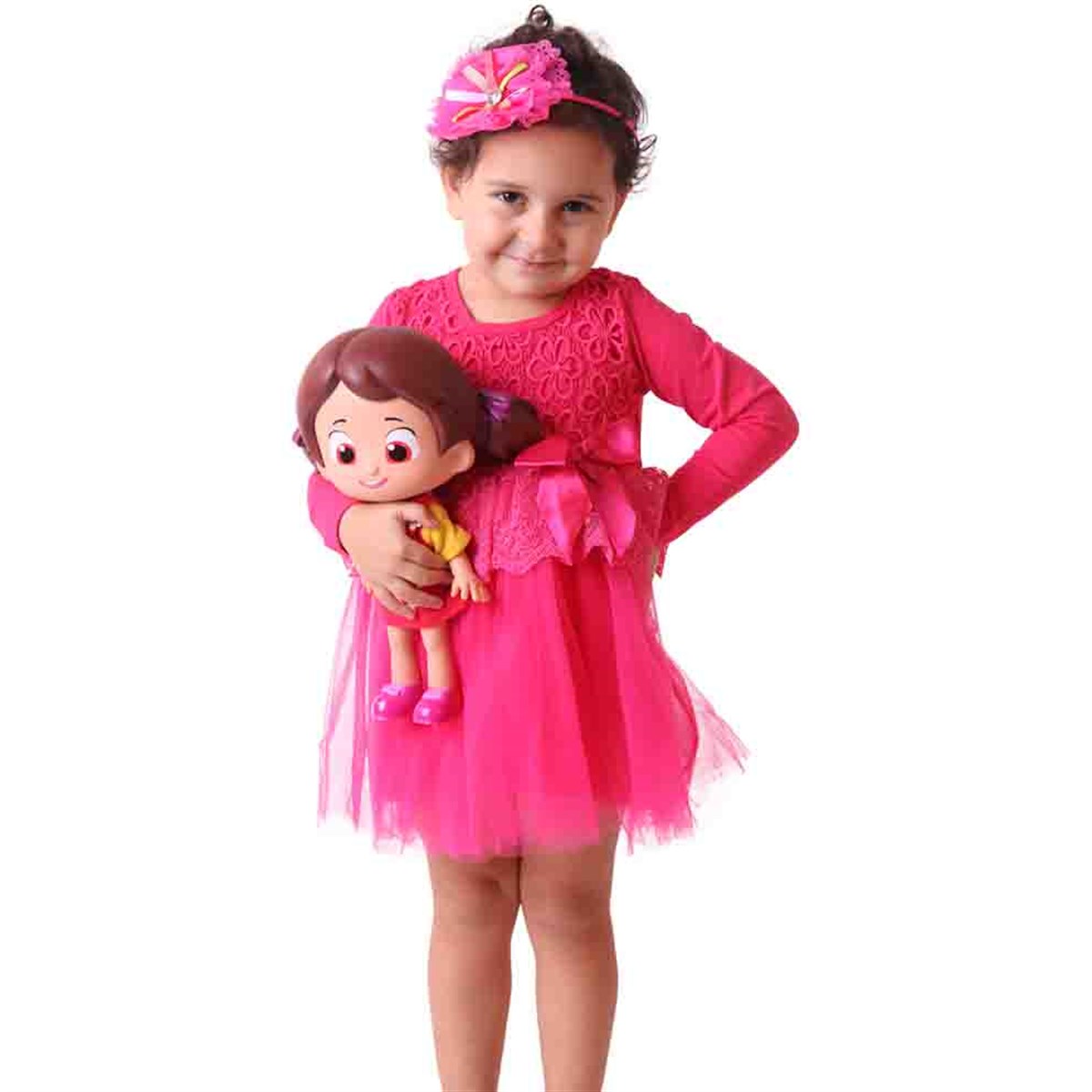 Kız Bebek Elbise Güpürlü Dantelli Fuşya (1.5 Yaş)