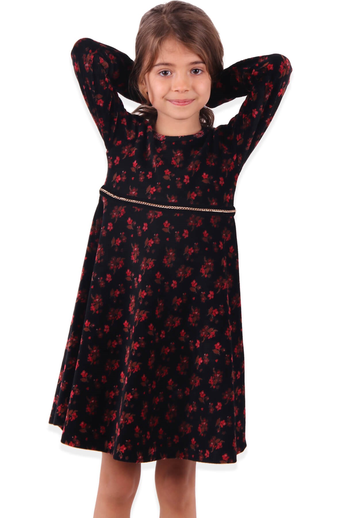 Kırmızı Çiçek Desenli Siyah - Kız Çocuk Kadife Elbisesi