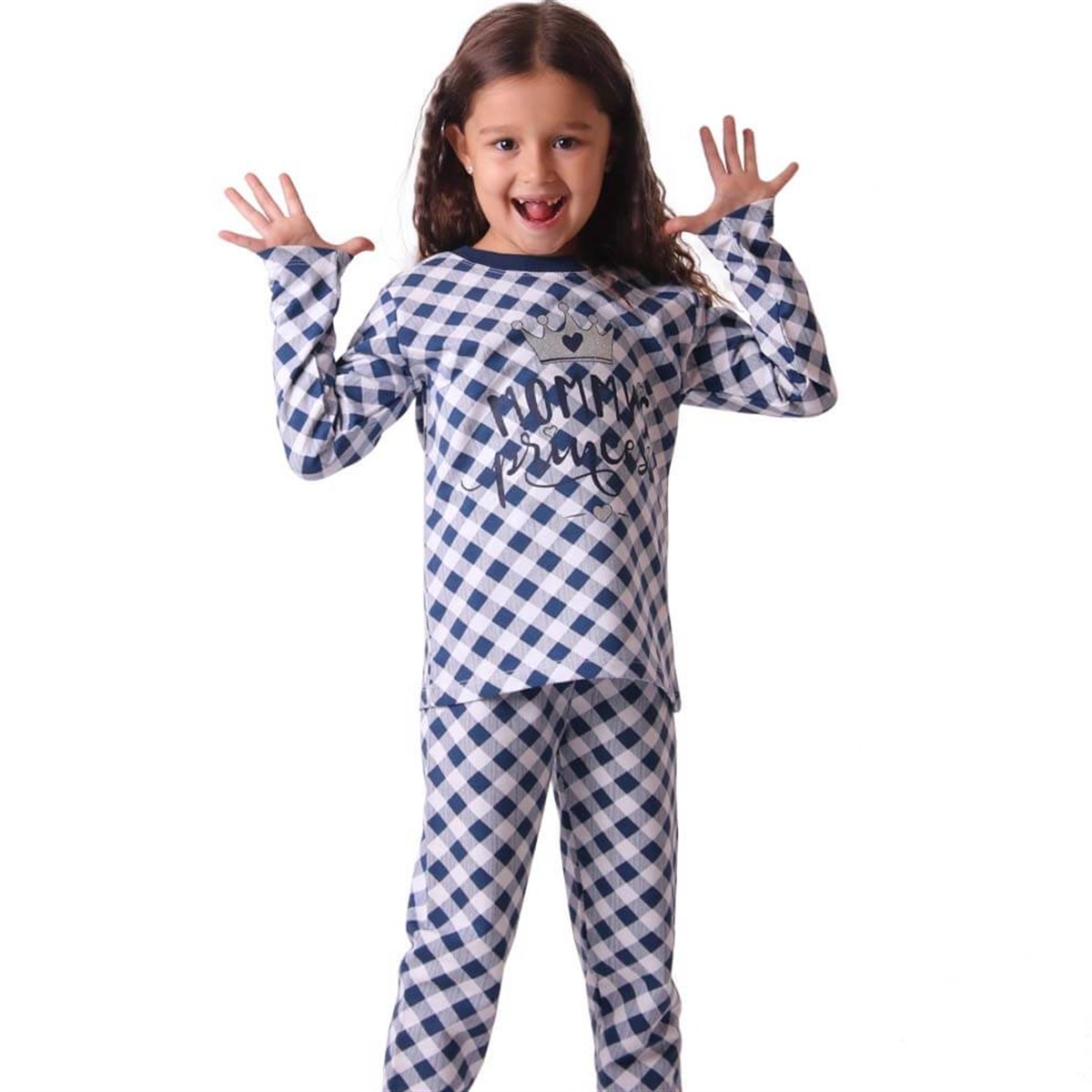Kız Çocuk Pijama Takımı Ekoseli Mavi-Beyaz (5-10 Yaş)