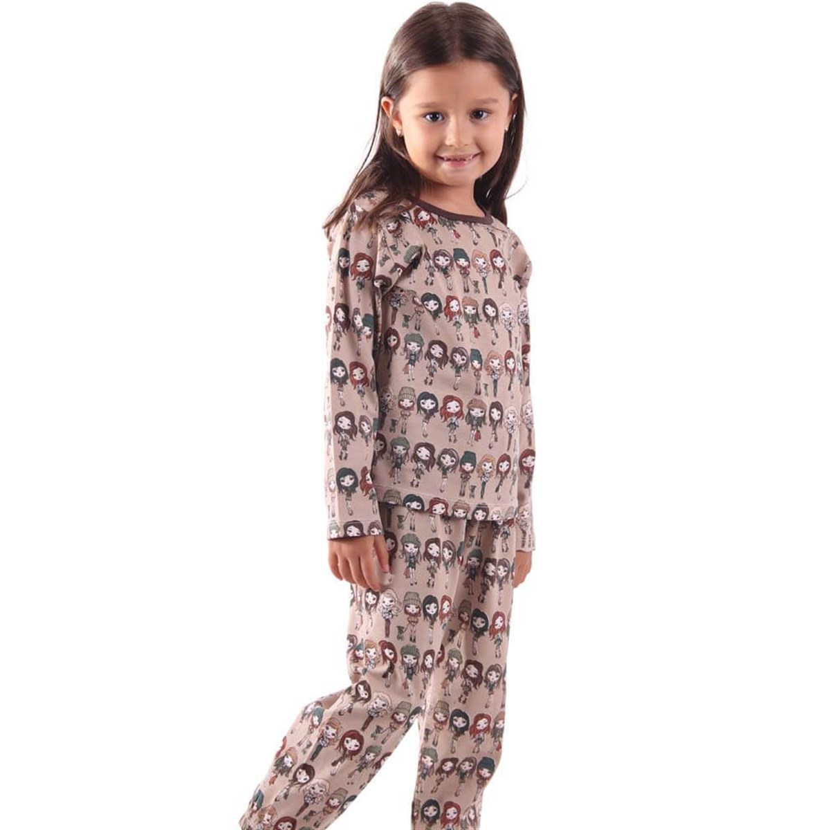 Kız Çocuk Pijama Takımı Kahverengi (4-7 Yaş)