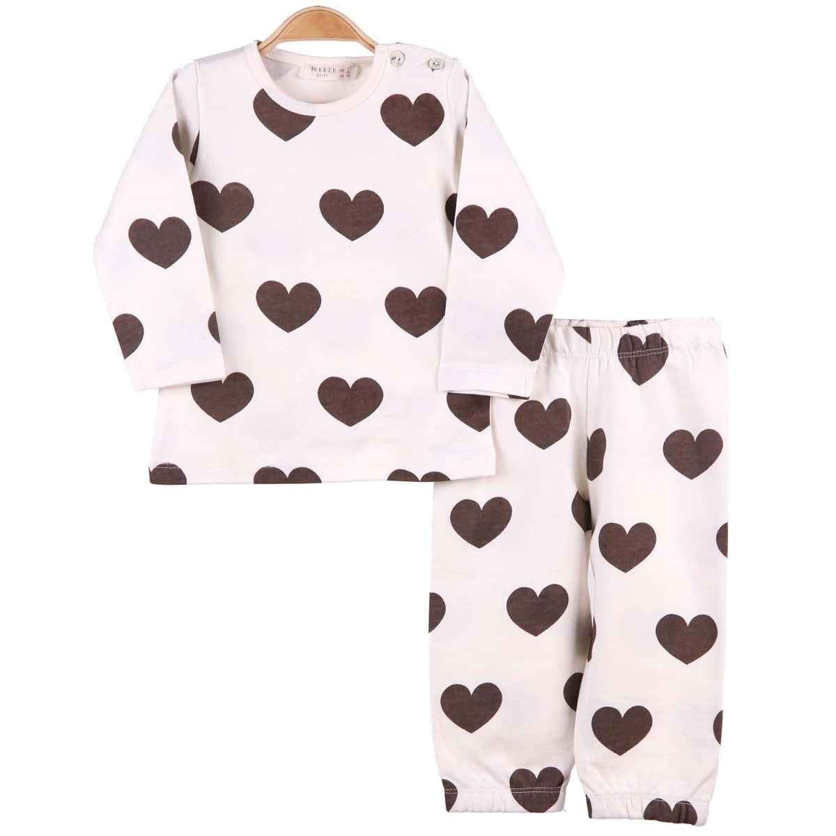 Kız Çocuk Pijama Takımı Kalpli Ekru-Kahverengi (1-4 Yaş) BREEZE