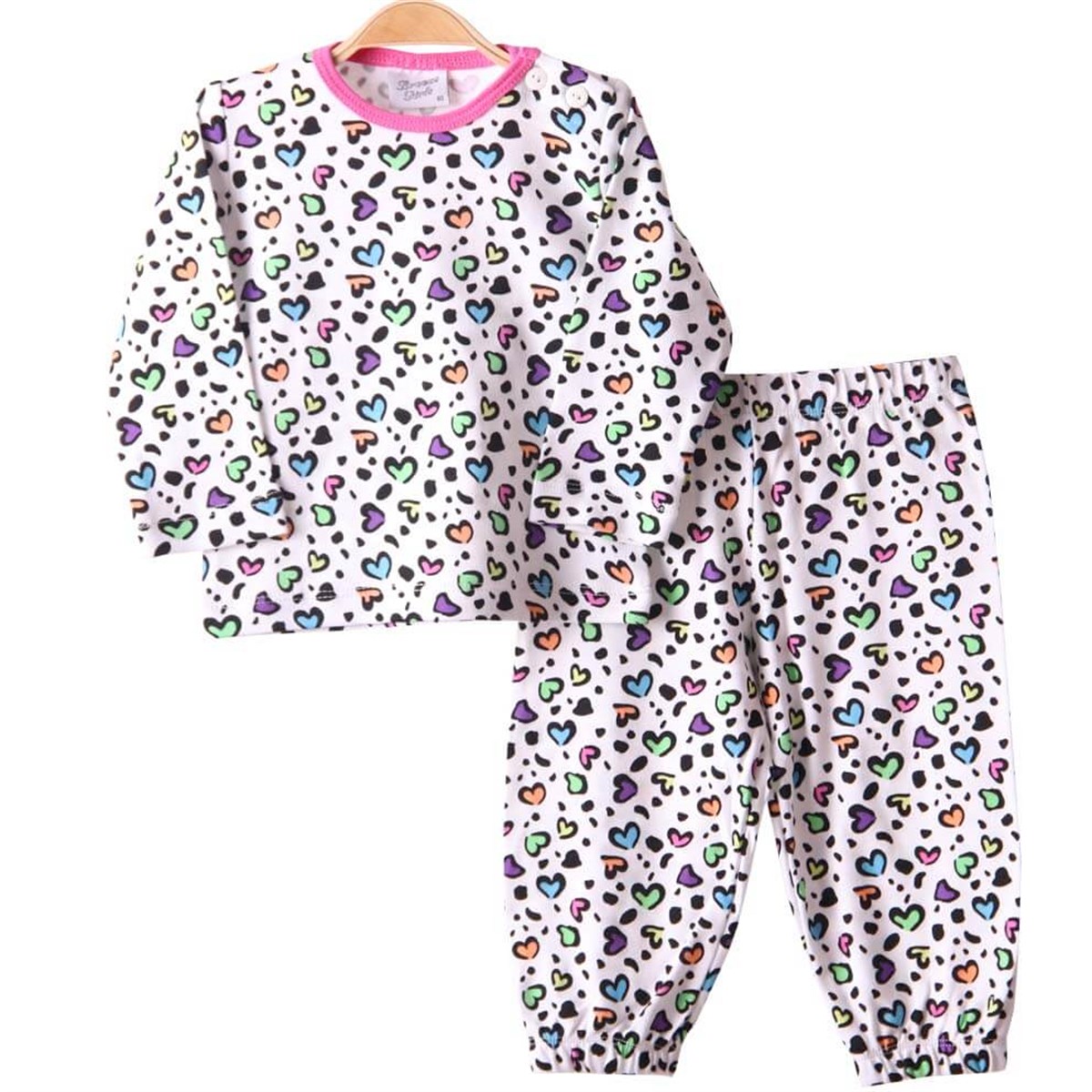 Kız Çocuk Pijama Takımı Kalpli Ekru-Pembe (1-4 Yaş) BREEZE
