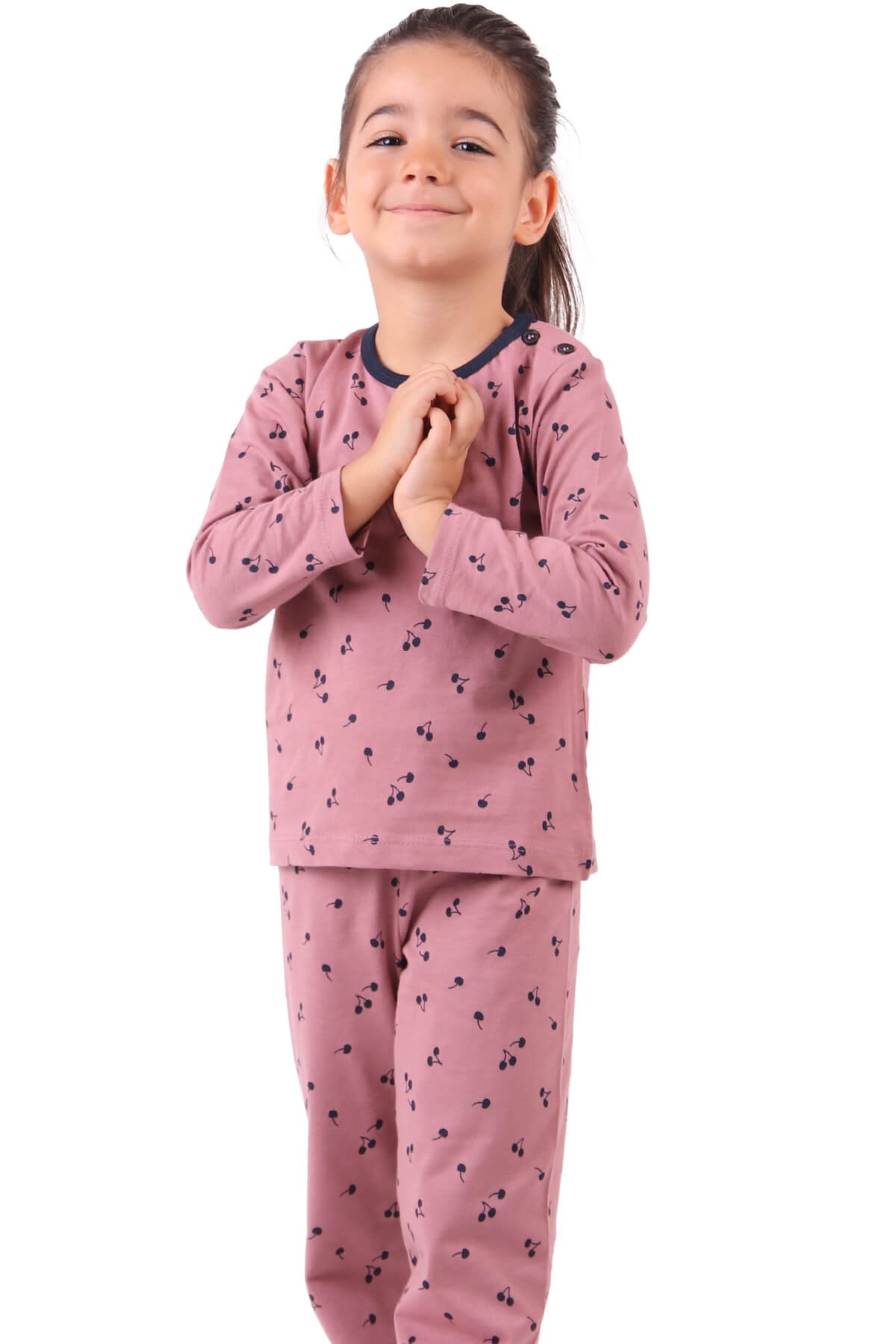 Kız Çocuk Pijama Takımı - Kiraz Desenli Gülkurusu 1-4 Yaş