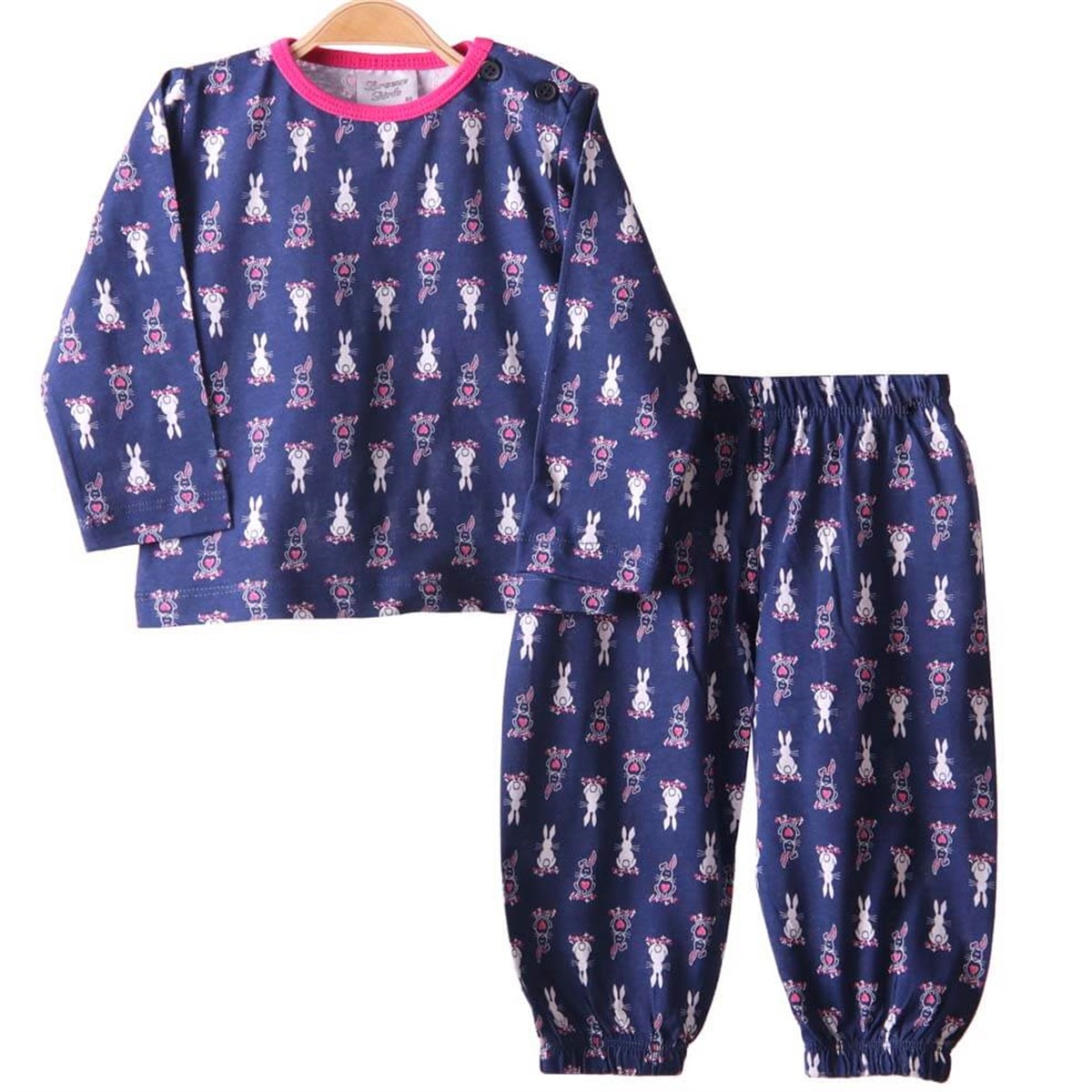 Kız Çocuk Pijama Takımı Tavşanlı Lacivert-Pembe (1-4 Yaş) BREEZE