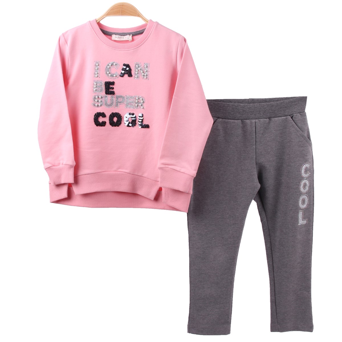 Kız Çocuk Tayt Takım Pullu Boncuklu Pembe-Gri (4-8 Yaş)