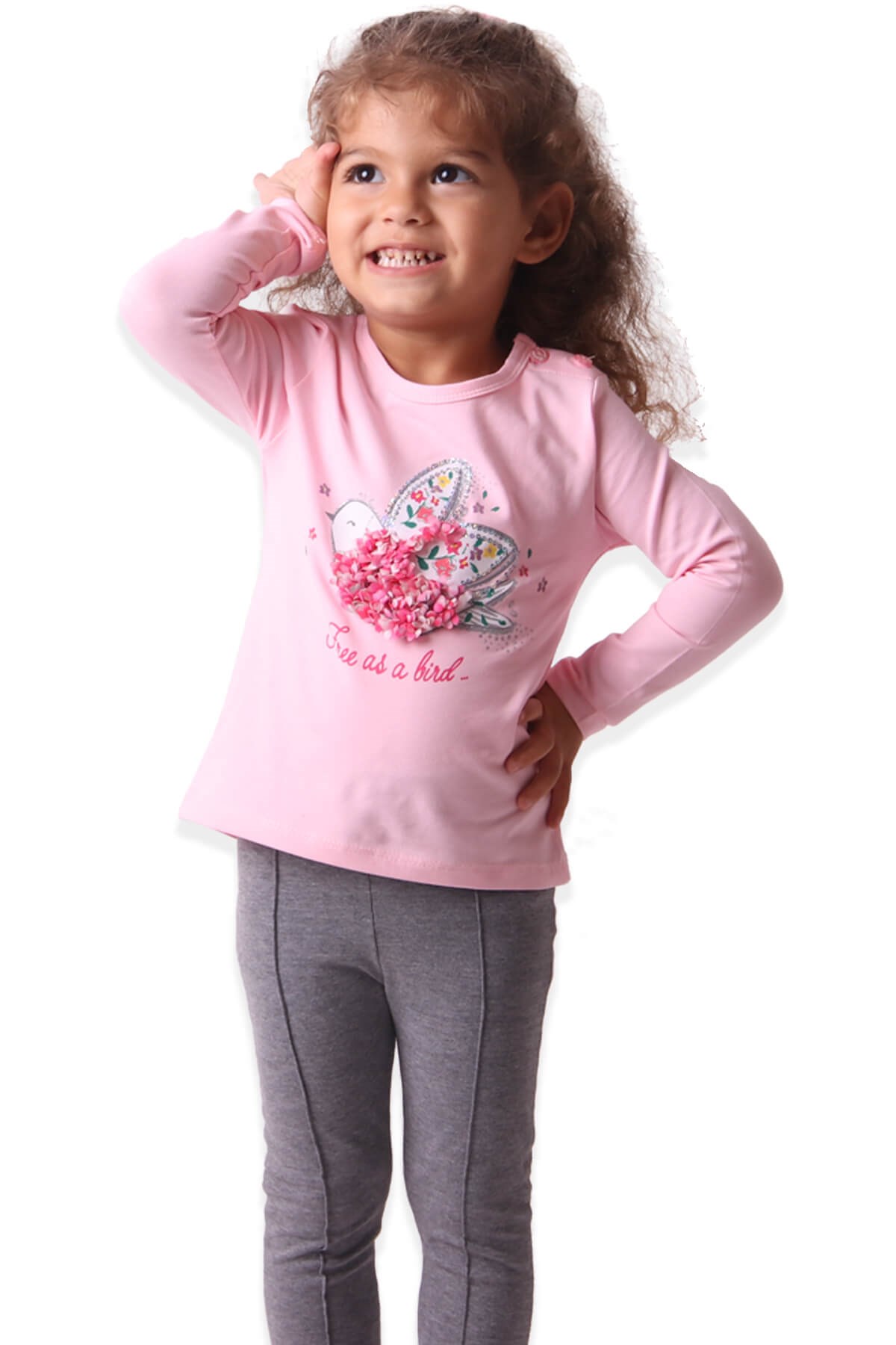 Kız Çocuk Tayt Takımı Kuşlu Pembe (1-4 Yaş) BREEZE