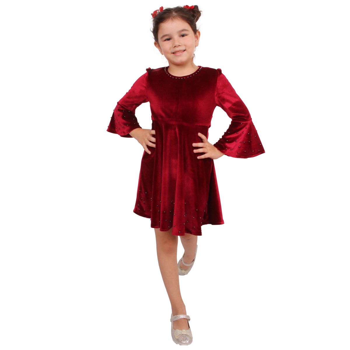 Kız Bebek Kadife Elbise Kolu Volanlı Bordo (2 Yaş)