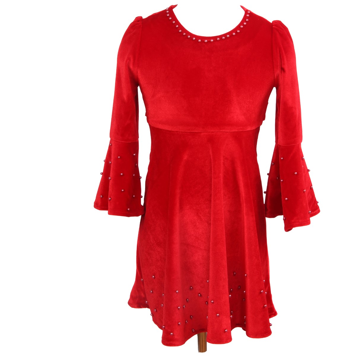 Kız Çocuk Kadife Elbise Kolu Volanlı Kırmızı (2-4 Yaş)