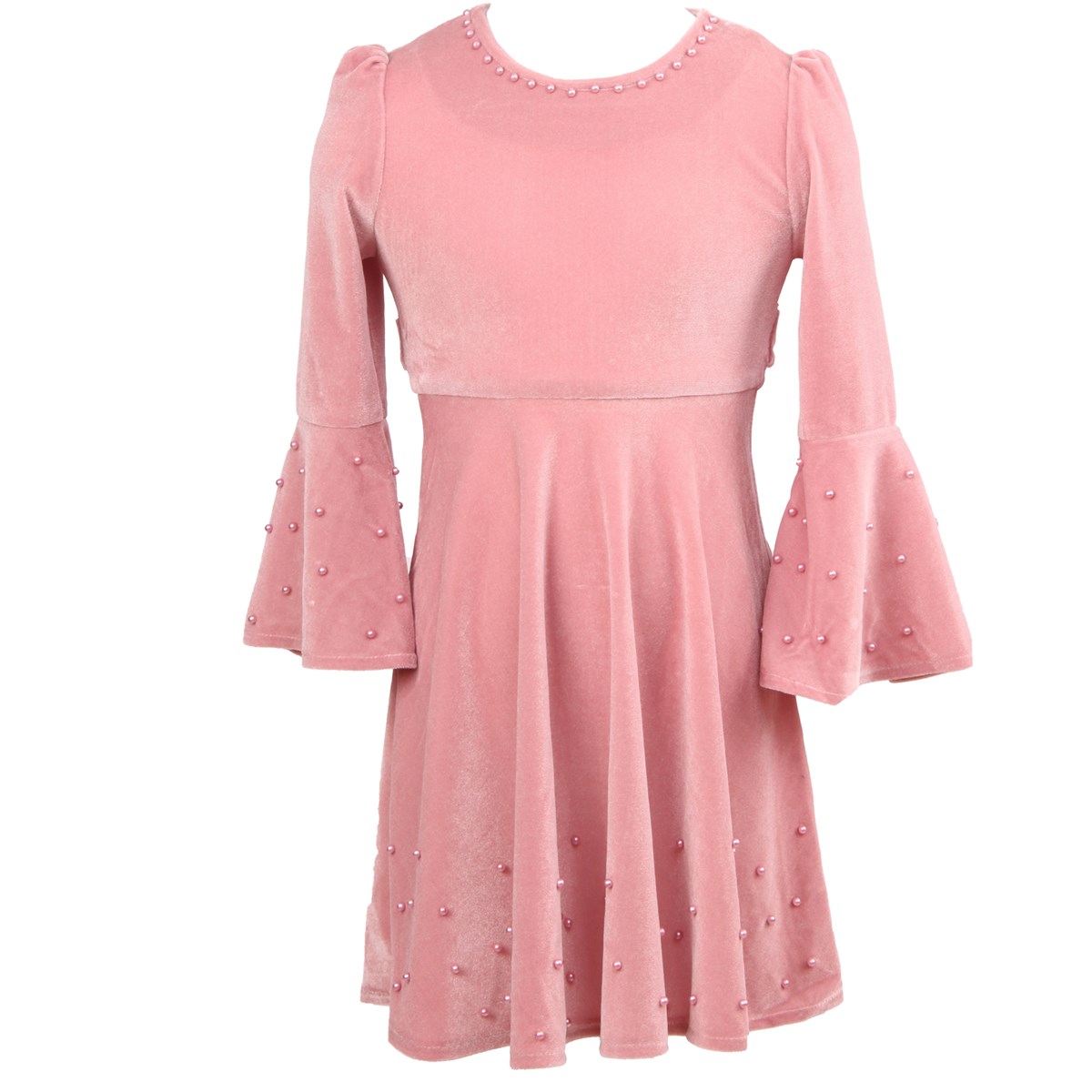 Kız Çocuk Kadife Elbise Kolu Volanlı Pembe (4 Yaş)