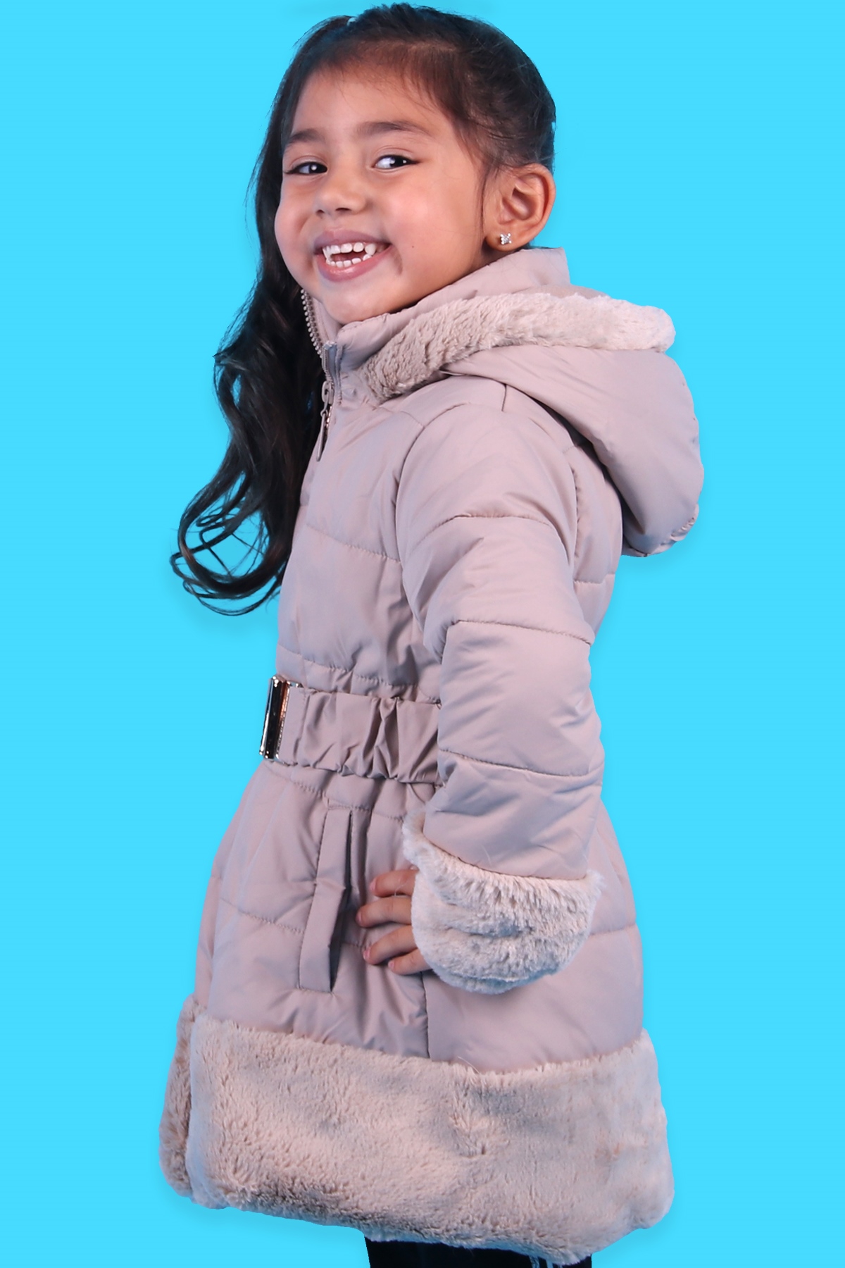 Kız Çocuk Mont Kürklü Kemer Detaylı Bej 3 Yaş - Sıcacık Dış Giyim | Breeze