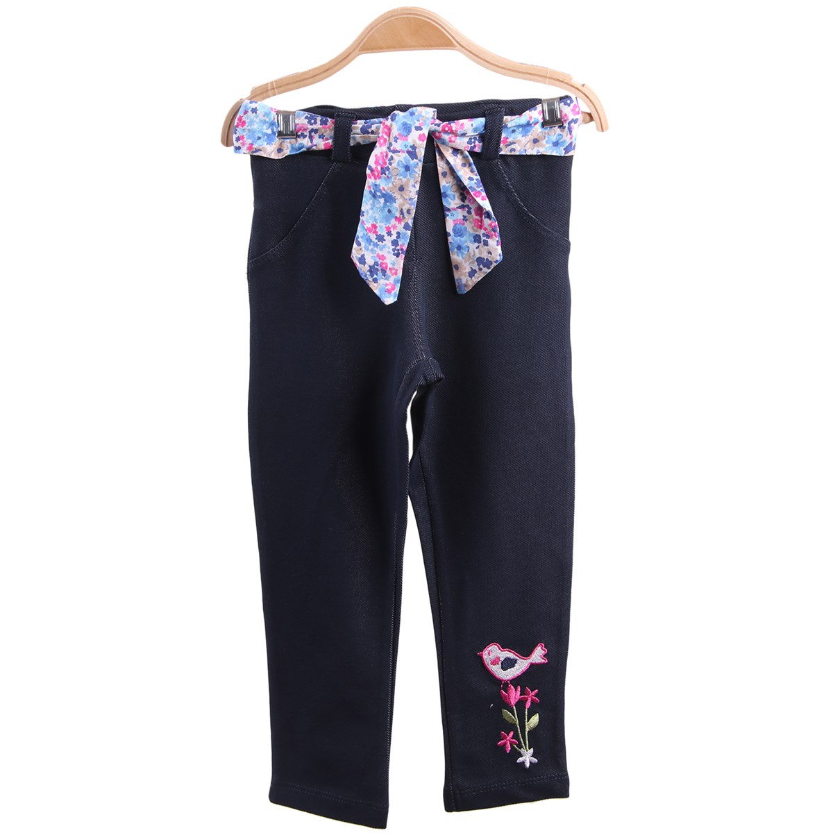Kız Bebek Tayt Pantolon Kuşlu Kemerli Lacivert-Mavi (1.5-5 Yaş)