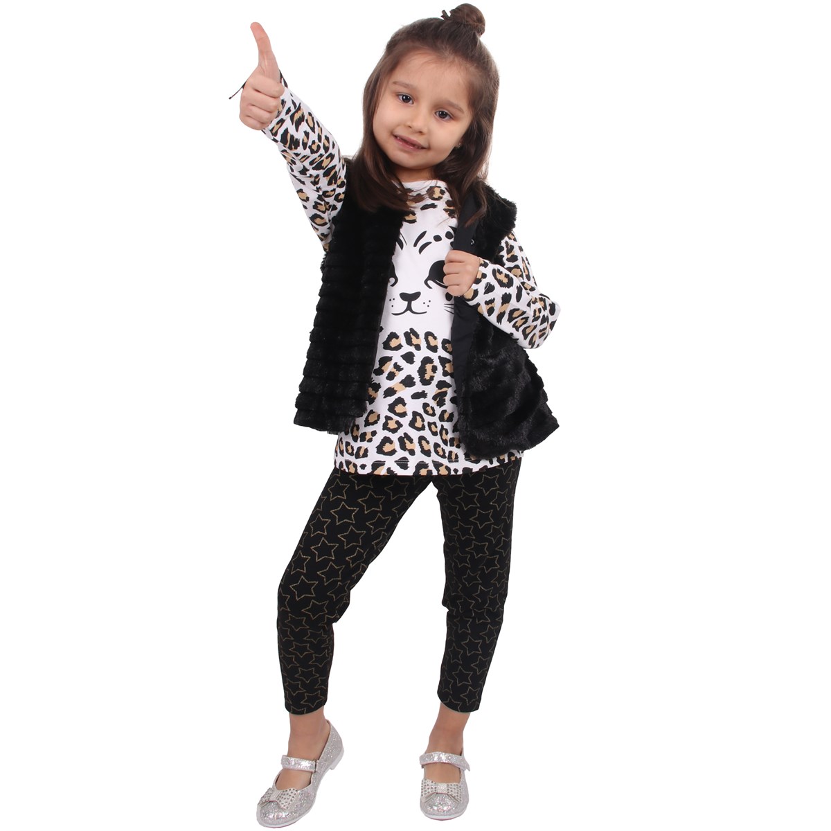 Kız Çocuk Body Leopar Desenli Beyaz-Siyah (3-8 Yaş)