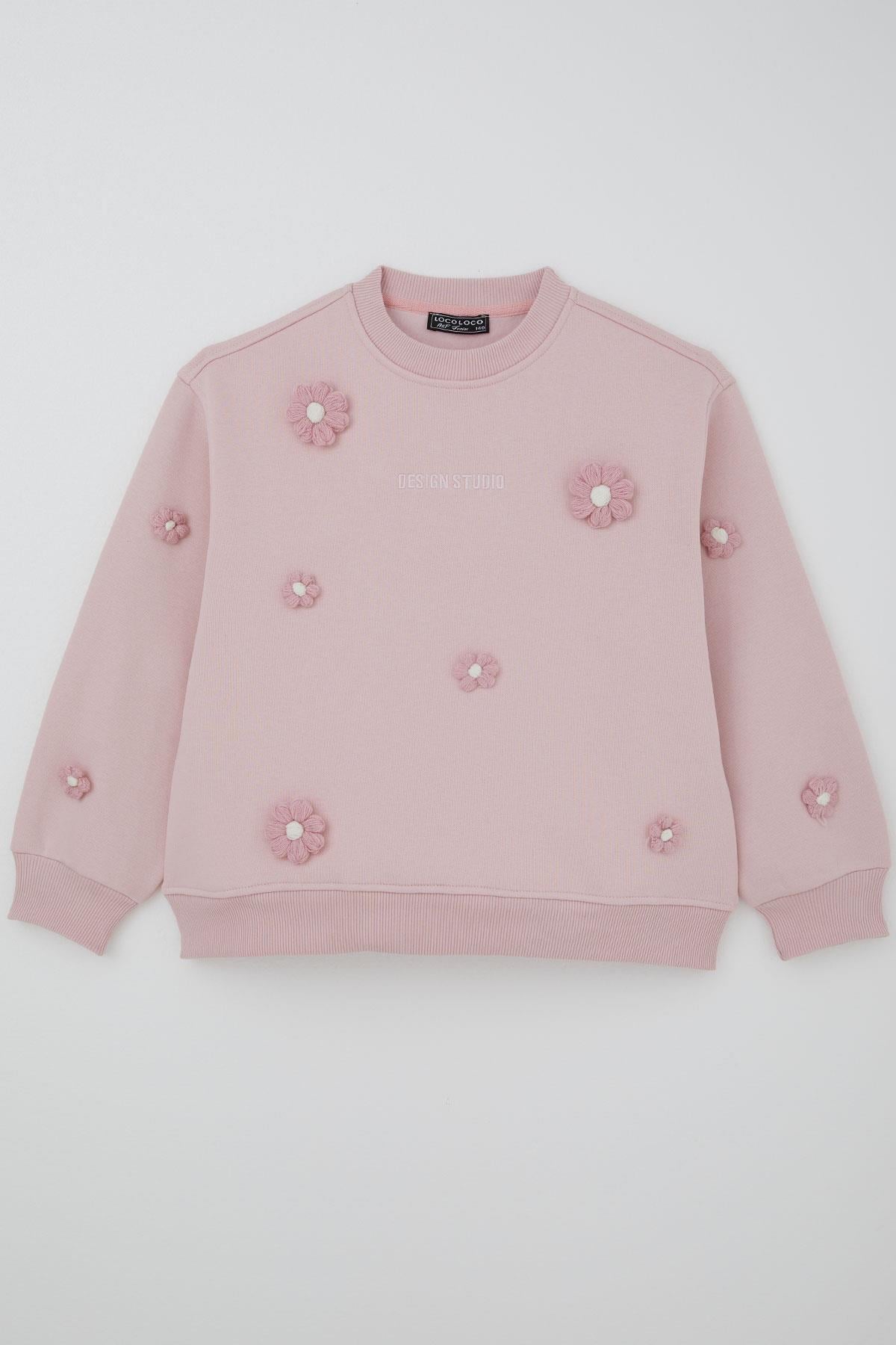 Locoloco Kız Çocuk Sweatshirt Çiçek Motifli Pembe (9-14 Yaş)