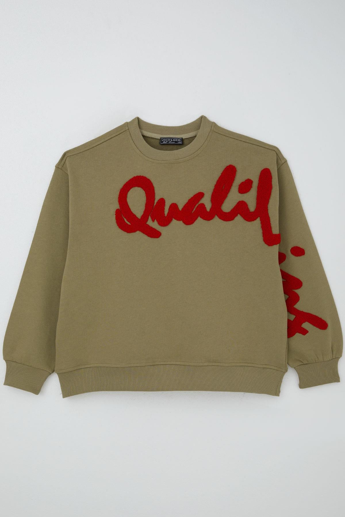 Locoloco Kız Çocuk Sweatshirt Kabartma Yazı Baskılı Haki Yeşil (9-14 Yaş)
