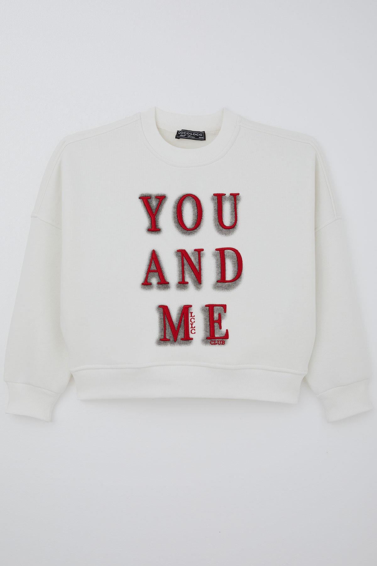Locoloco Kız Çocuk Sweatshirt You And Me Yazı Nakışlı Ekru (9-14 Yaş)