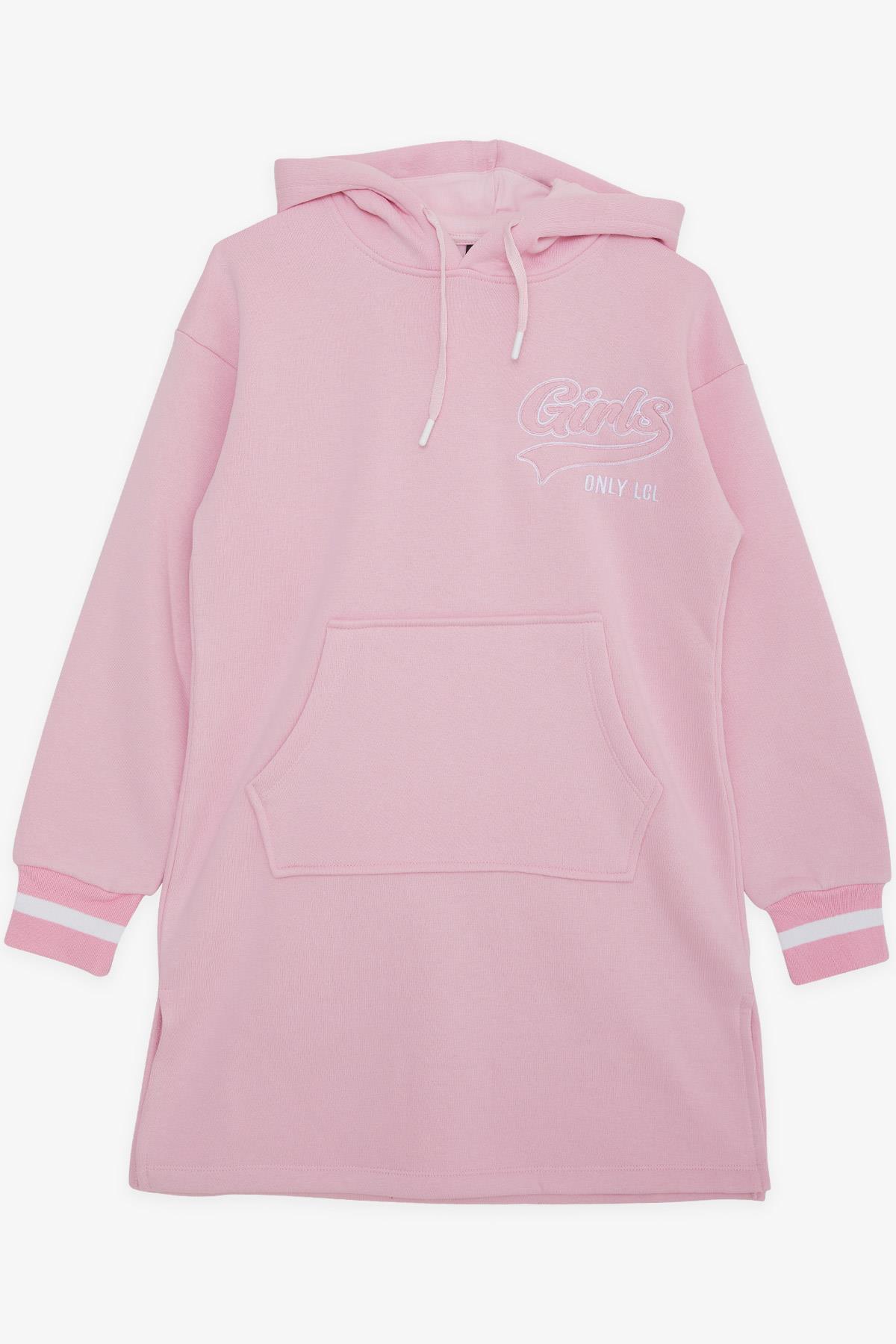 LOCOLOCO Kız Sweat Elbise Kolları Triko Kapüşonlu Yazı Nakışlı Pembe (9-13 Yaş)