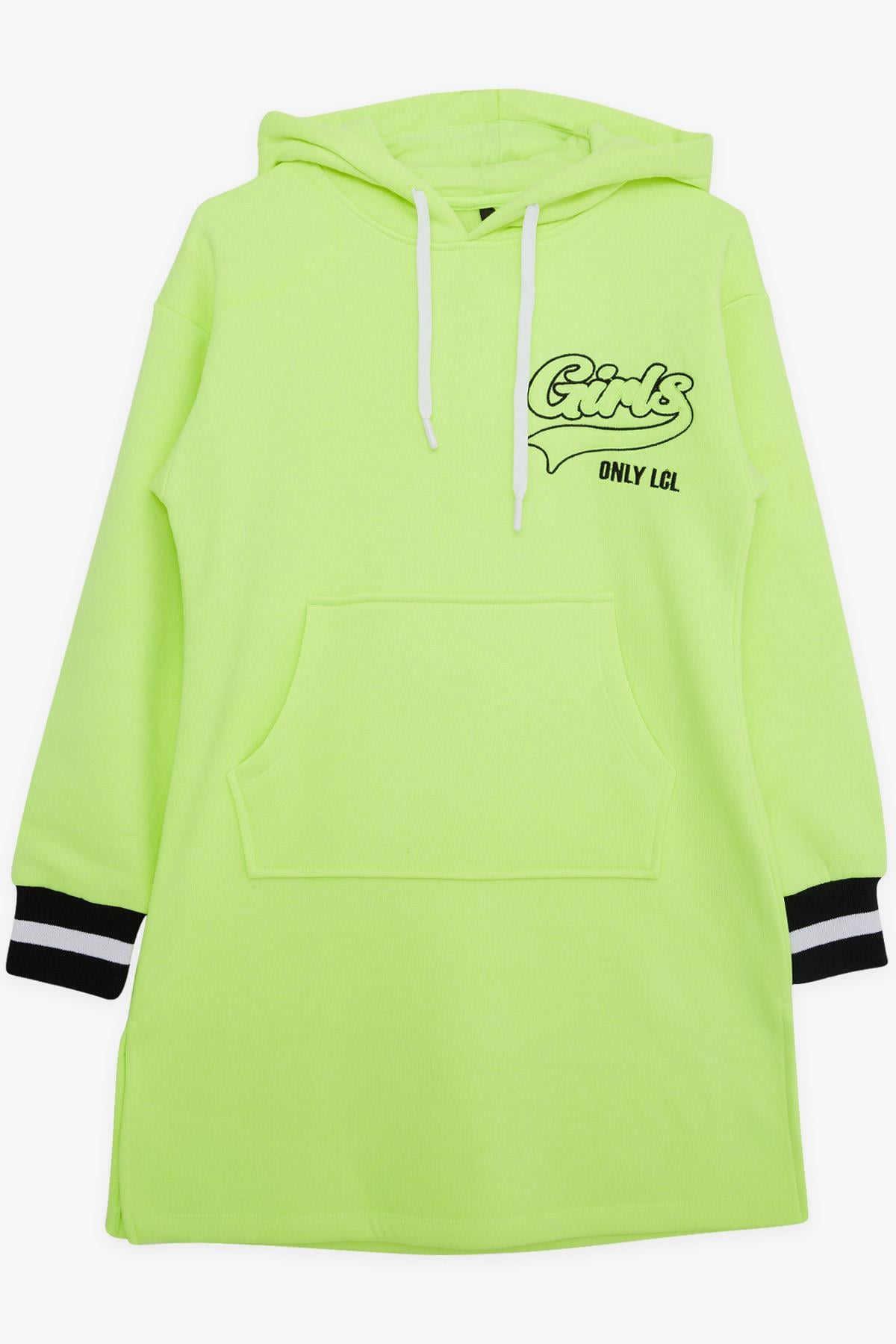 LOCOLOCO Kız Sweat Elbise Kolları Triko Kapüşonlu Yazı Nakışlı Neon Sarı (9-13 Yaş)